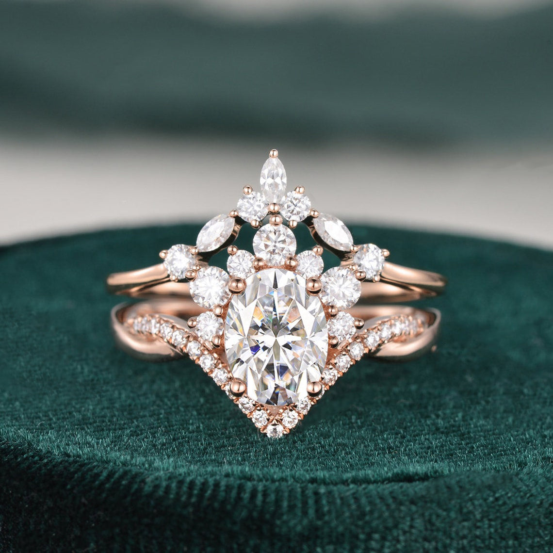 1.50 CT Oval Cut Twisted Art Deco Moissanite Bridal Ring Set - crownmoissanite