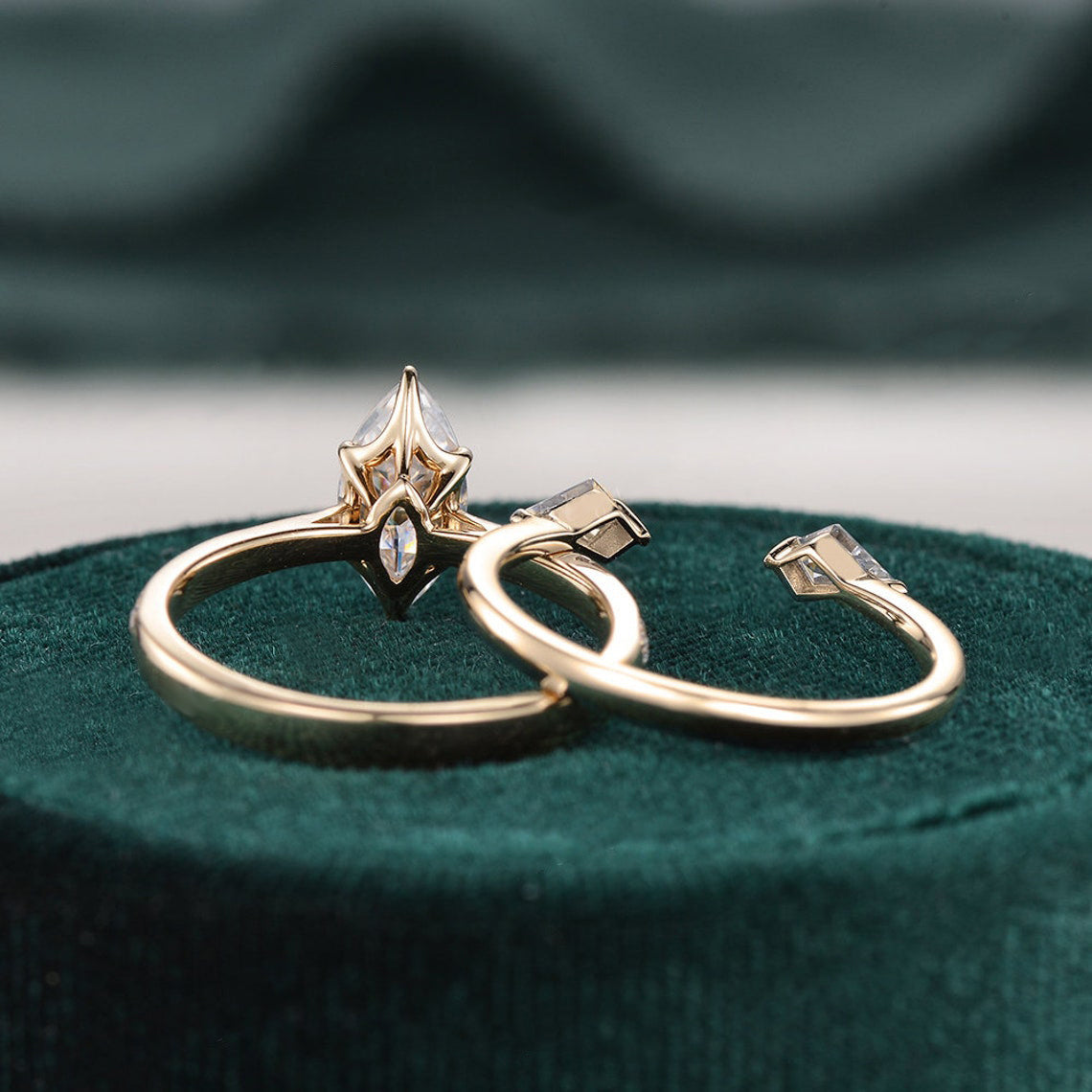 1.0 CT Marquise Shaped Moissanite Three Stone Bridal Ring Set - crownmoissanite