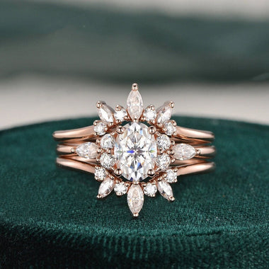 1.0 CT Oval Cut Cluster Moissanite Bridal Ring Set - crownmoissanite