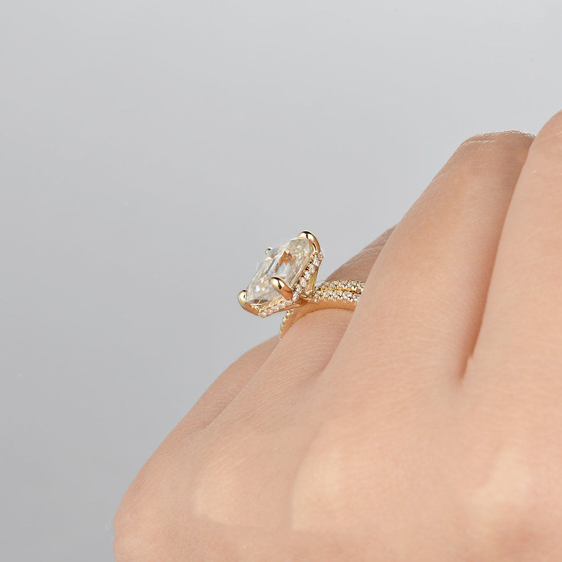 1.50 CT Emerald Cut Hidden Halo Moissanite Bridal Ring Set - crownmoissanite