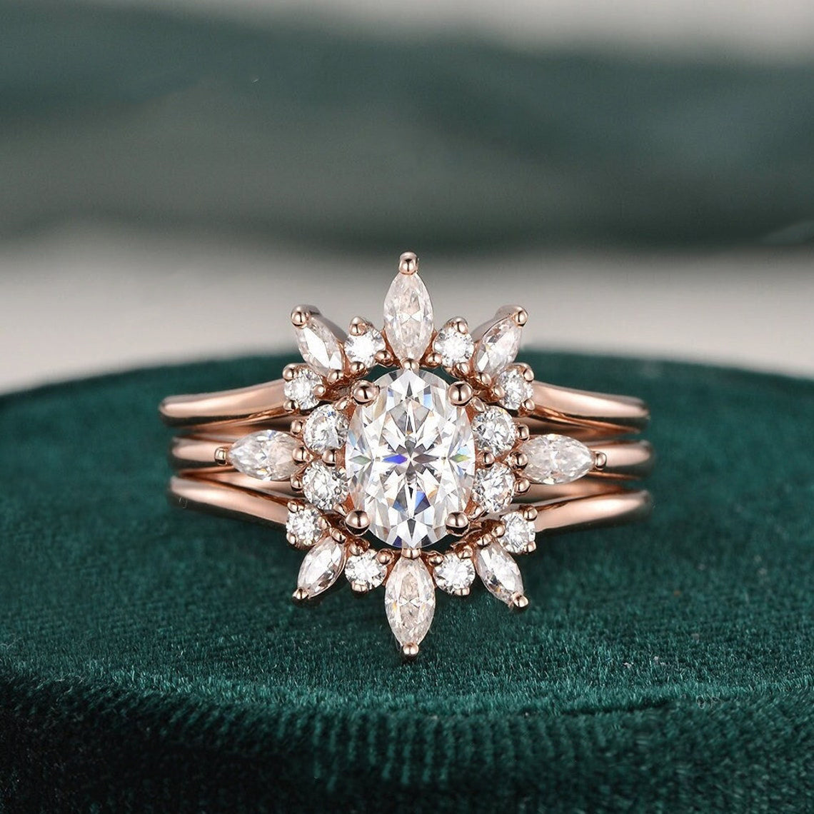 1.0 CT Oval Cut Cluster Moissanite Bridal Ring Set - crownmoissanite