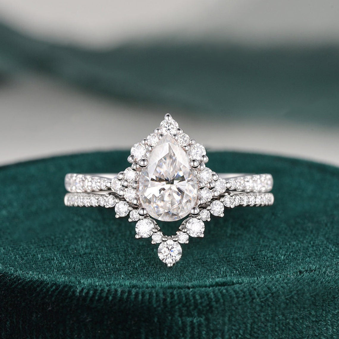 1.50 CT Pear Shaped Moissanite Cluster Bridal Ring Set - crownmoissanite