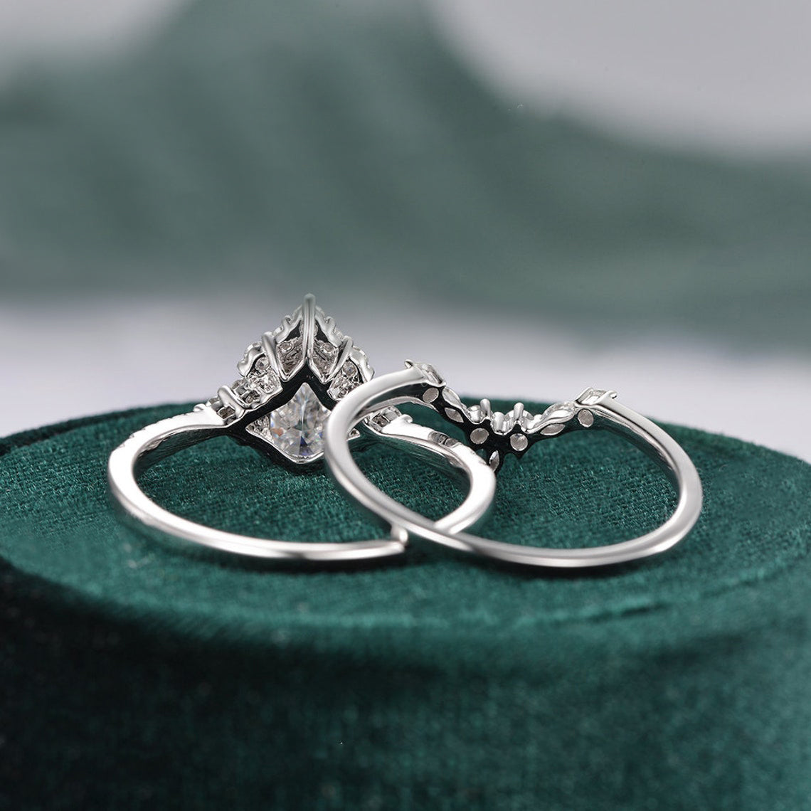 1.50 CT Pear Shaped Moissanite Cluster Bridal Ring Set - crownmoissanite
