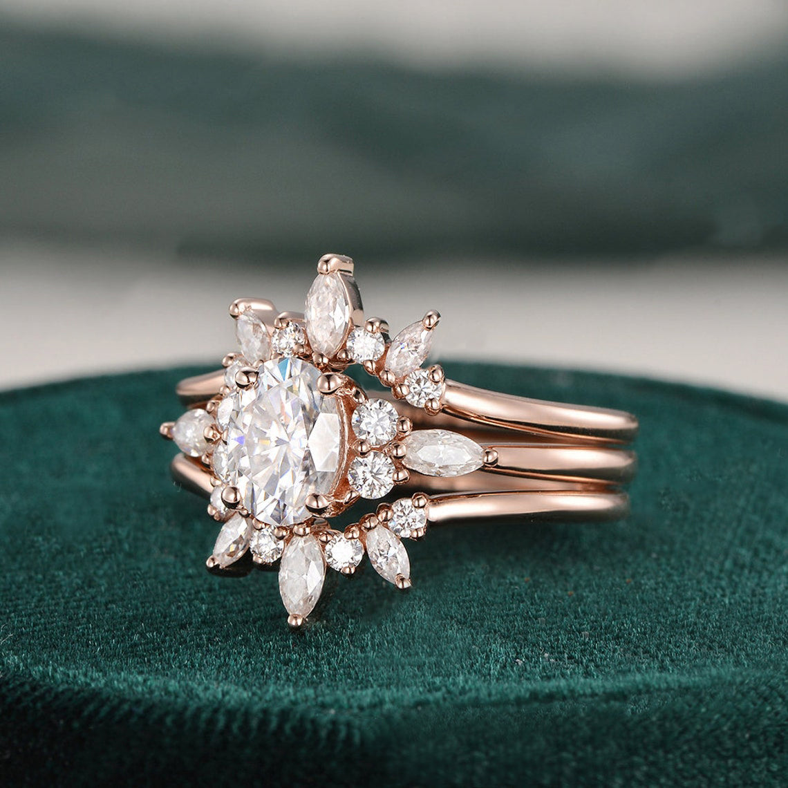 1.0 CT Oval Shaped Moissanite Cluster Bridal Ring Set - crownmoissanite