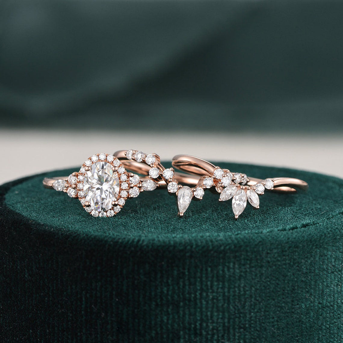 1.0 CT Oval Shaped Moissanite Cluster Halo Bridal Ring Set - crownmoissanite