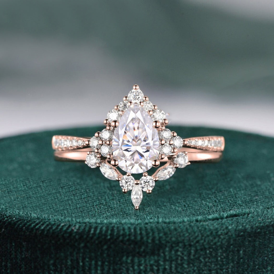 1.50 CT Pear Shaped Moissanite Cluster Bridal Ring Set - crownmoissanite