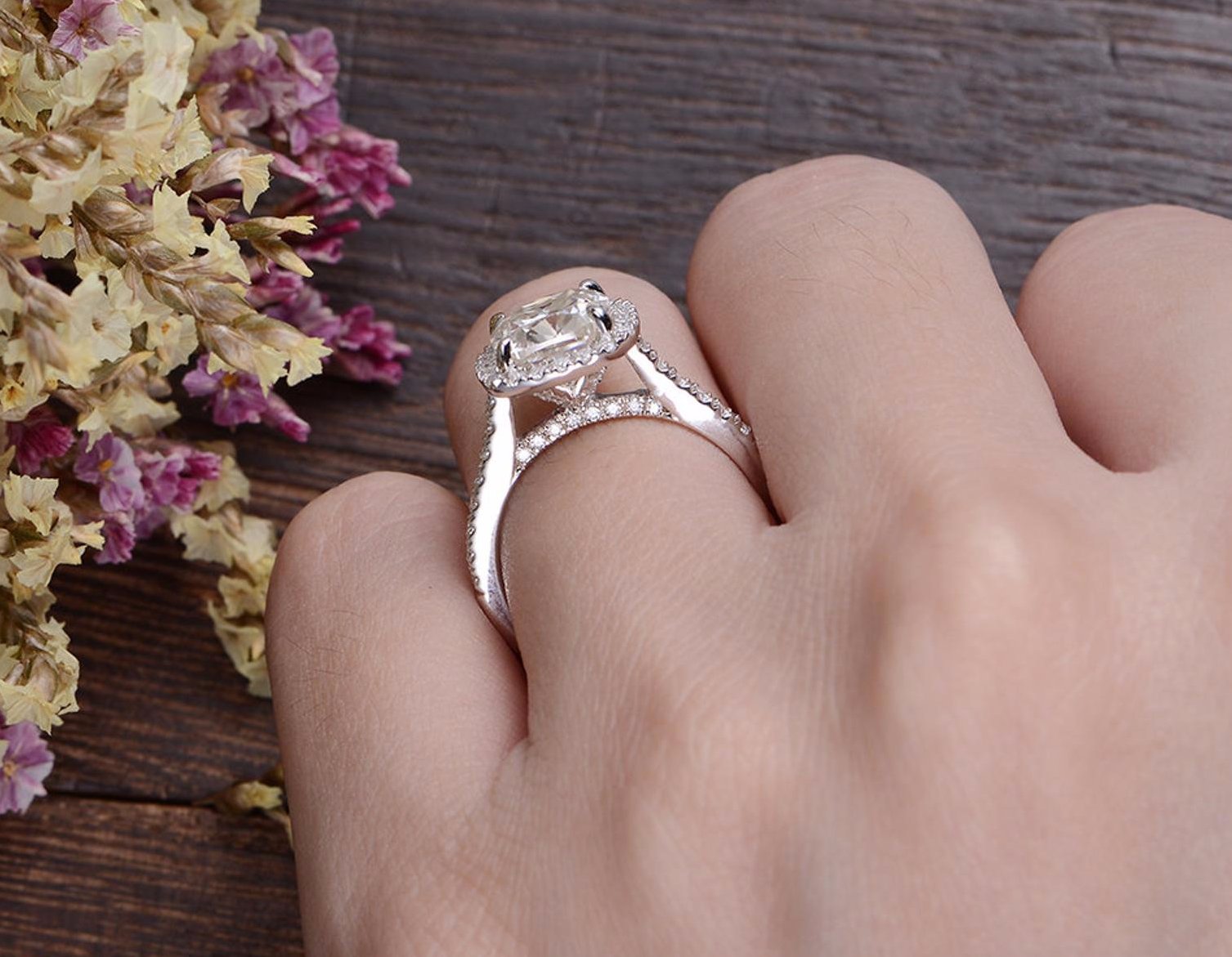 1.0 CT Cushion Cut Halo Moissanite Engagement Ring - crownmoissanite