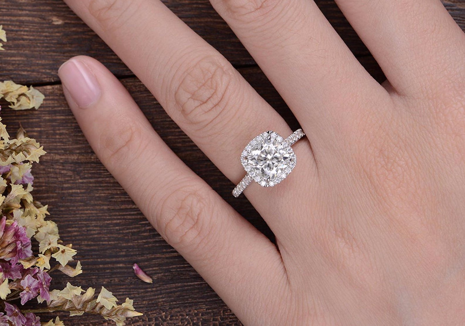 1.0 CT Cushion Shaped Moissanite Halo Engagement Ring - crownmoissanite