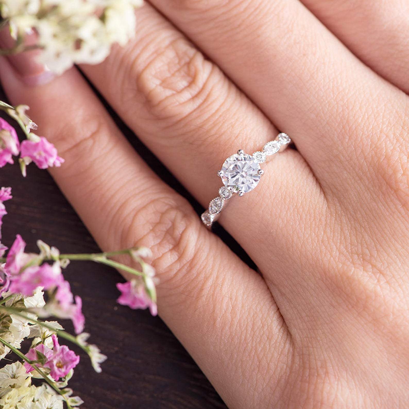 1.35 CT Round Cut Solitaire Milgrain Style Moissanite Engagement Ring - crownmoissanite