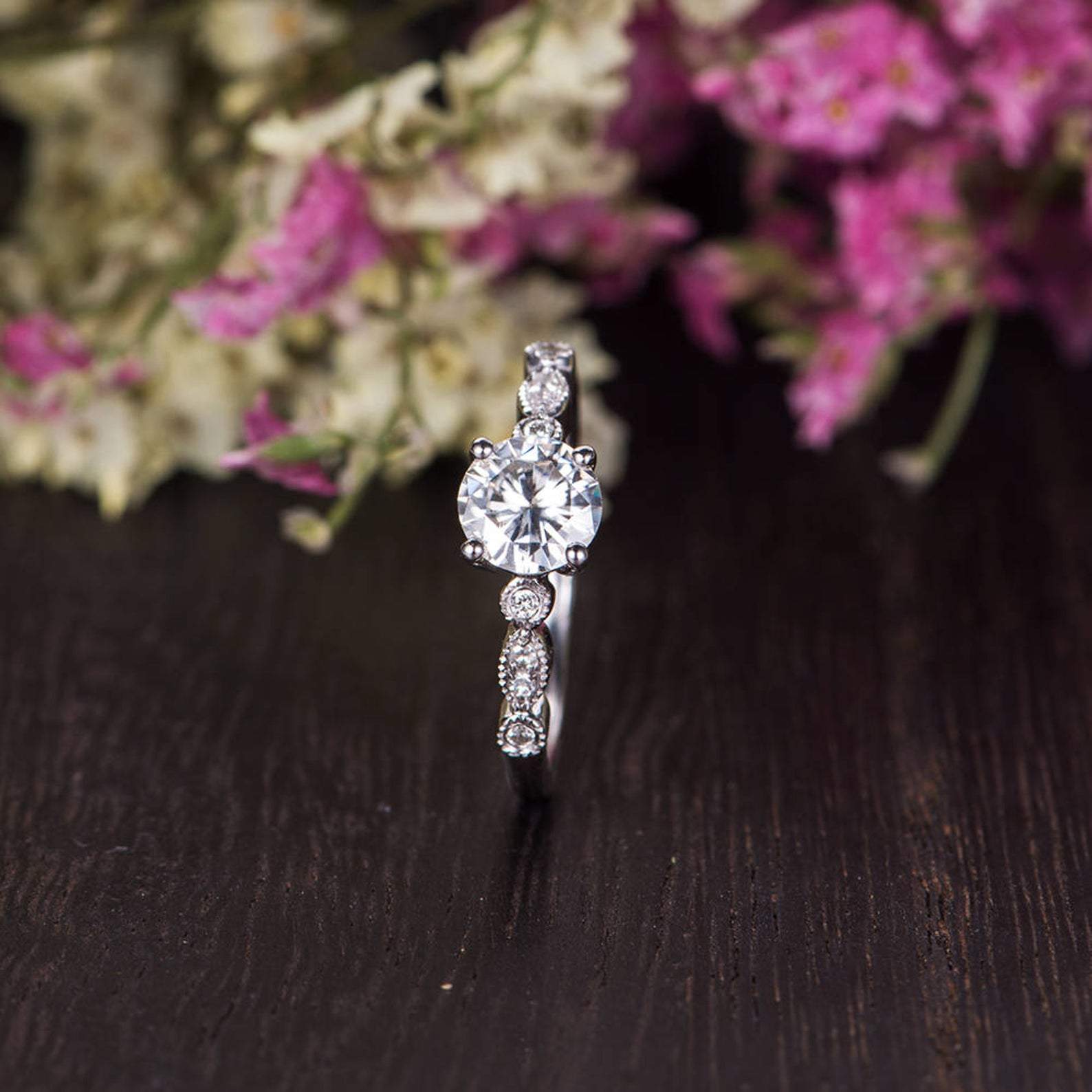 1.35 CT Round Cut Solitaire Milgrain Style Moissanite Engagement Ring - crownmoissanite