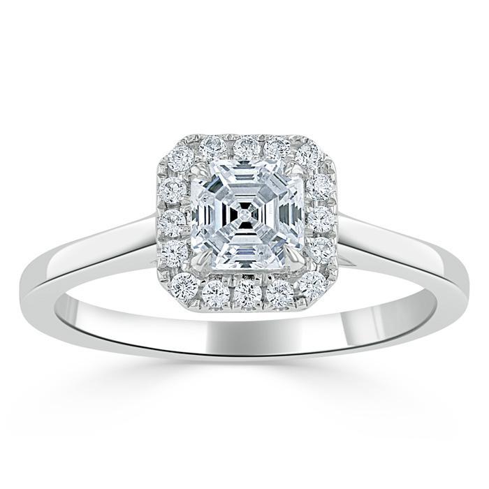 0.75 CT Asscher Shaped Moissanite Halo Engagement Ring - crownmoissanite