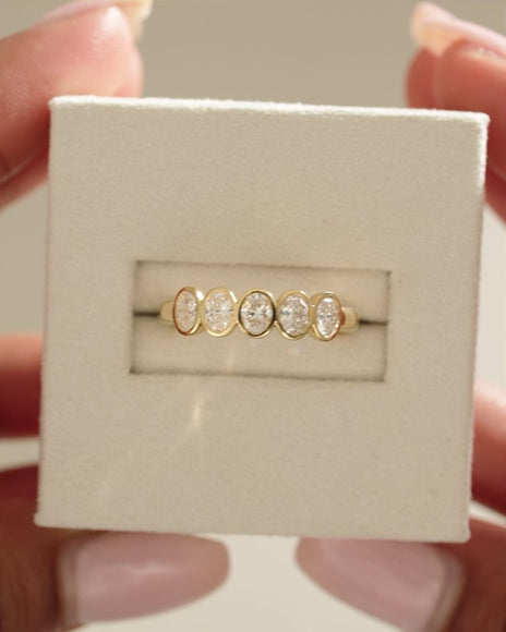 0.75 TCW oval cut moissanite wedding band with bezel setting β elegant and modern gold band offering secure sparkle, perfect for everyday elegance or bridal stacking.