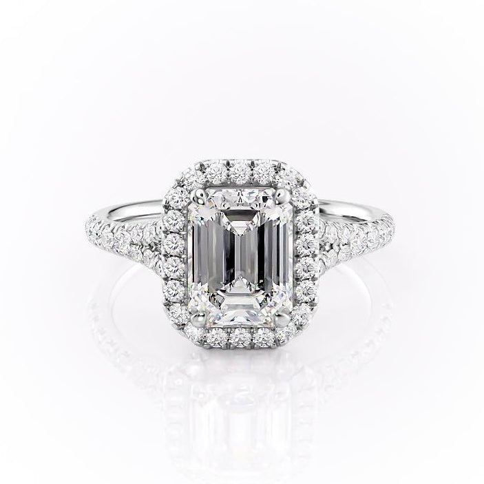 1.91 CT Emerald Cut Halo Split Shank Setting Moissanite Engagement Ring - crownmoissanite