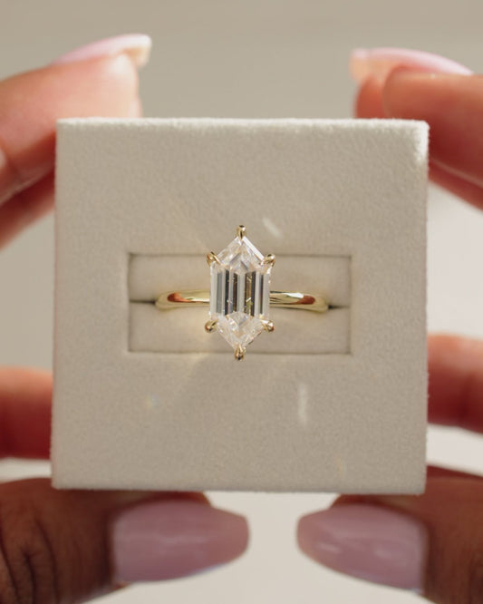 2.0 CT Elongated Hexagon Cut Moissanite Hidden Halo Engagement Ring