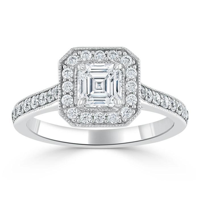 1.05 CT Asscher Cut Halo Pave Setting Moissanite Engagement Ring - crownmoissanite