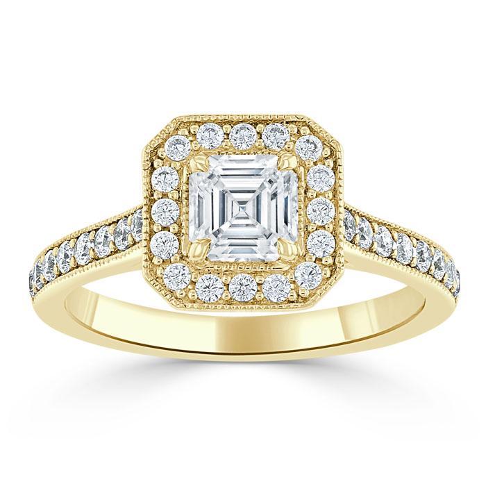 1.05 CT Asscher Cut Halo Pave Setting Moissanite Engagement Ring - crownmoissanite