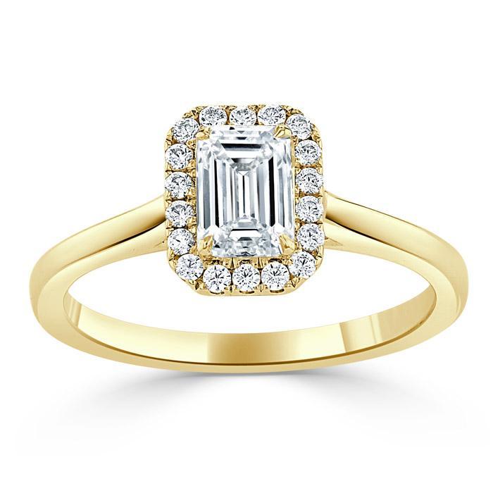 0.75 CT Emerald Cut Halo Moissanite Engagement Ring - crownmoissanite