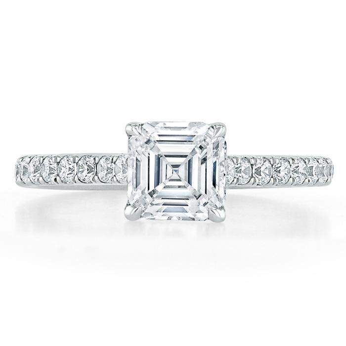 1.0 CT Asscher Cut Solitaire Pave Setting Moissanite Engagement Ring - crownmoissanite