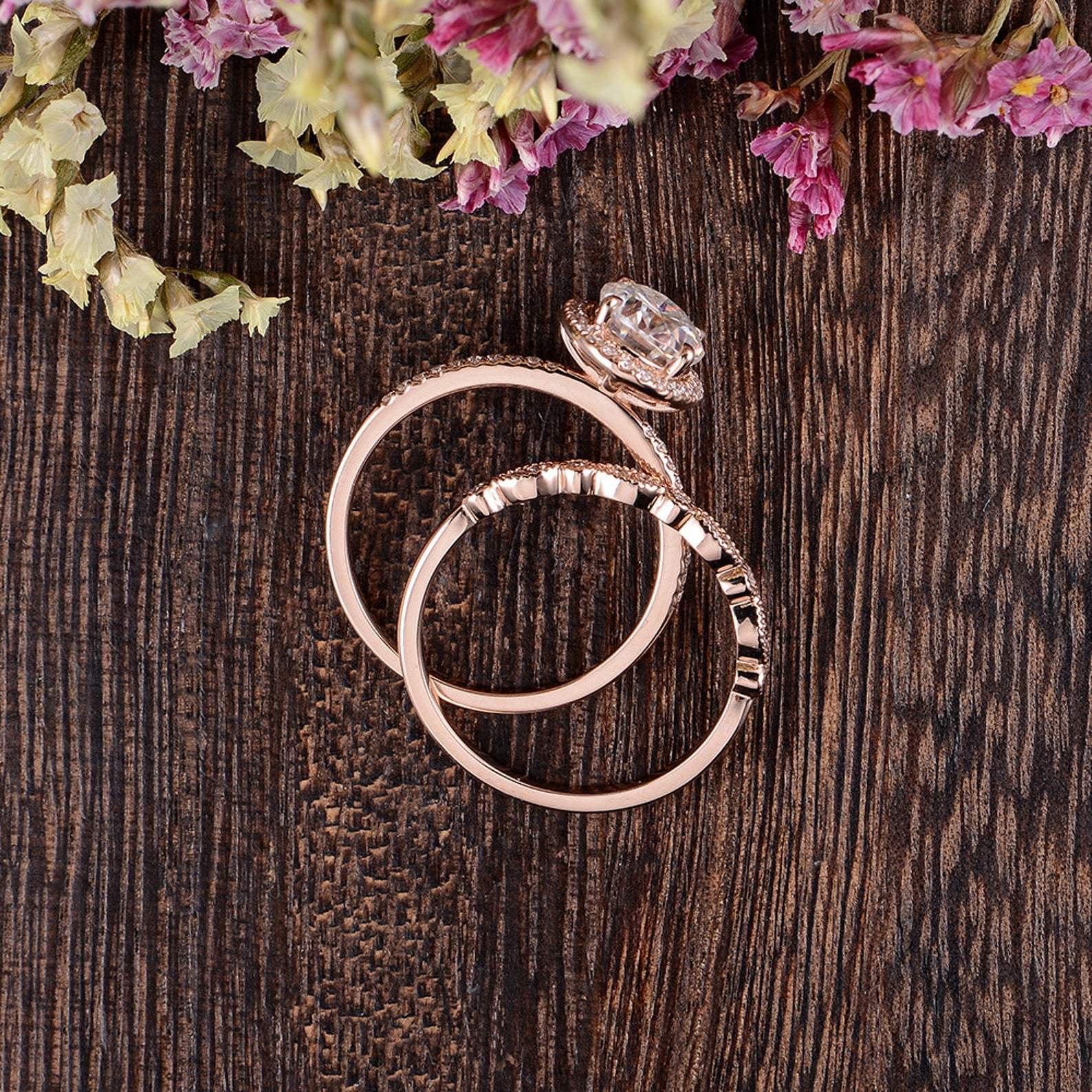 1.50 CT Oval Shaped Moissanite Halo Bridal Ring Set - crownmoissanite