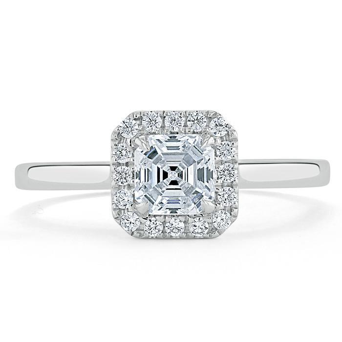 0.75 CT Asscher Cut Halo Moissanite Engagement Ring - crownmoissanite