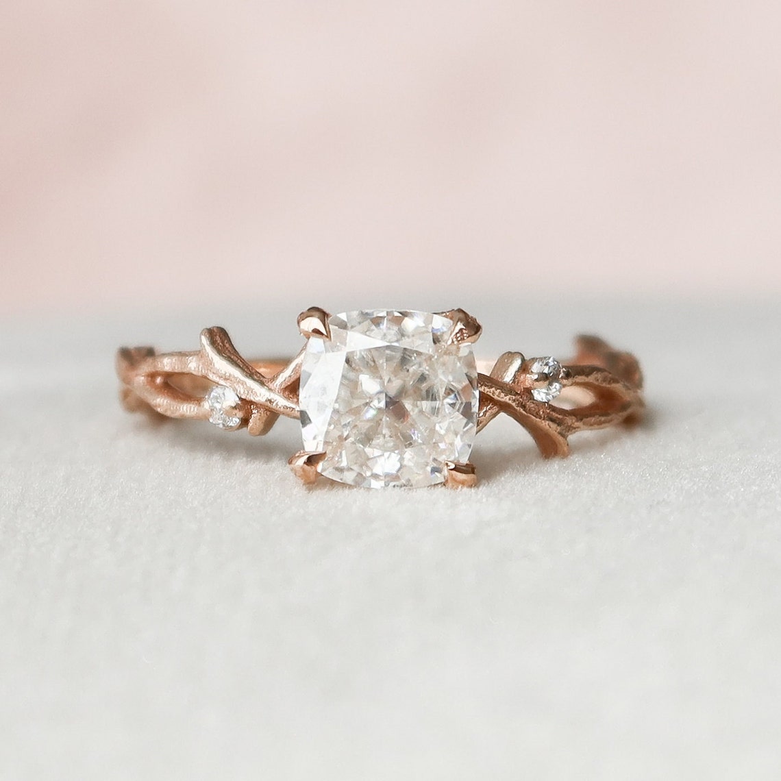 1.0 CT Cushion Solitaire & Twig Setting Moissanite Engagement Ring - crownmoissanite