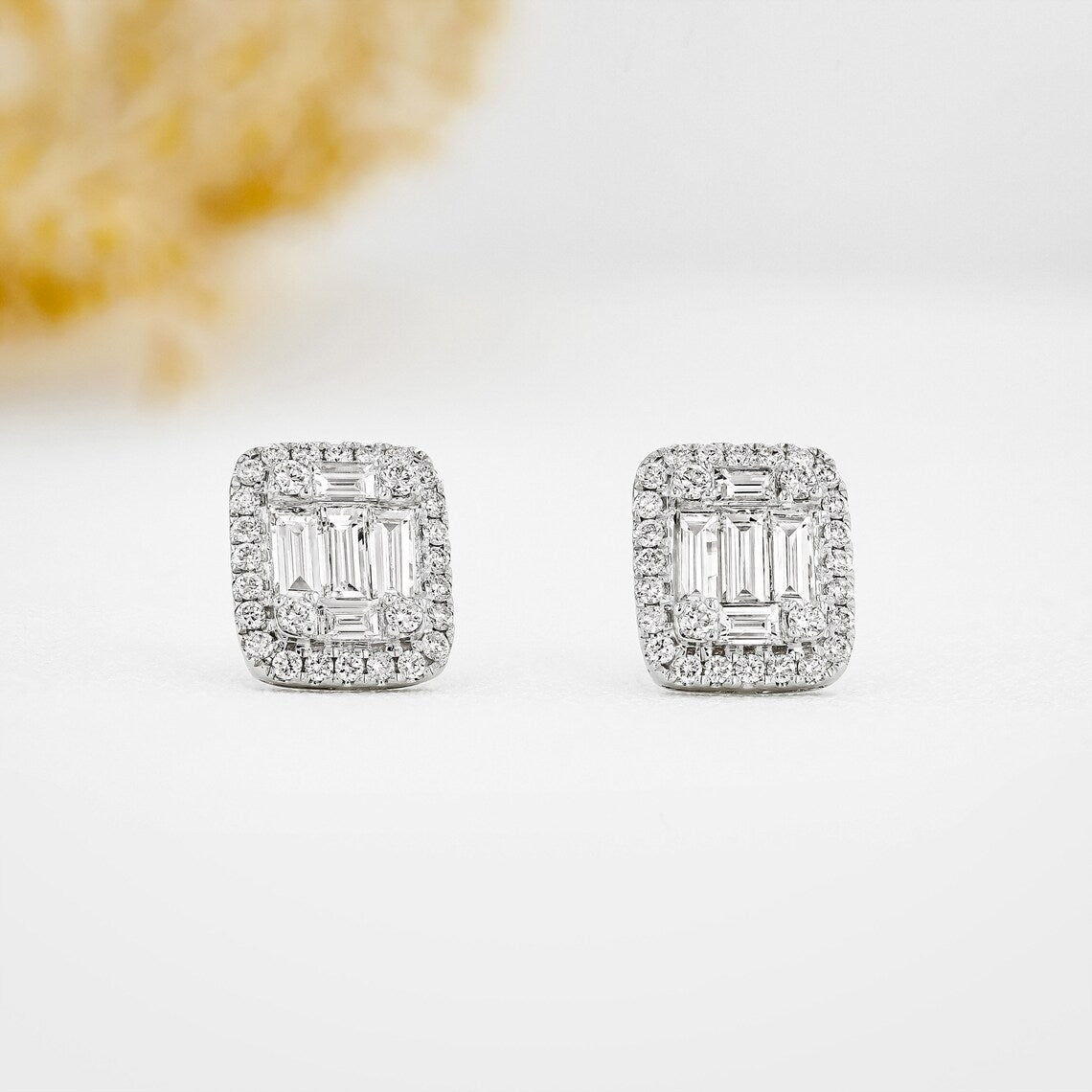 1.30 TCW Round & Baguette Moissanite Diamond Halo Stud Earrings - crownmoissanite