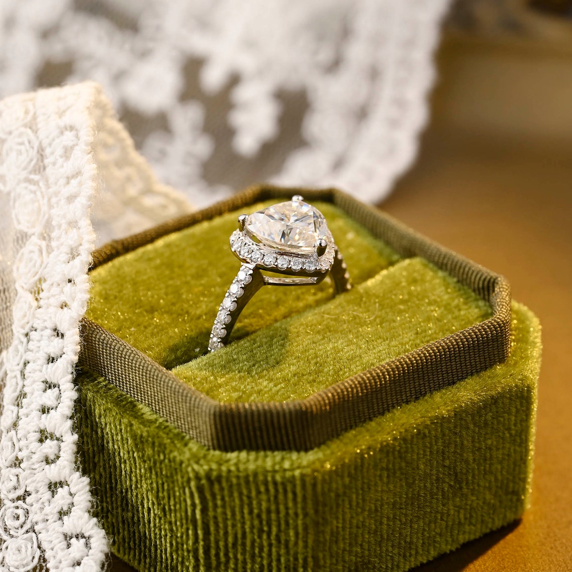 1.0 CT Heart Moissanite Diamond Halo Pave Ring - crownmoissanite