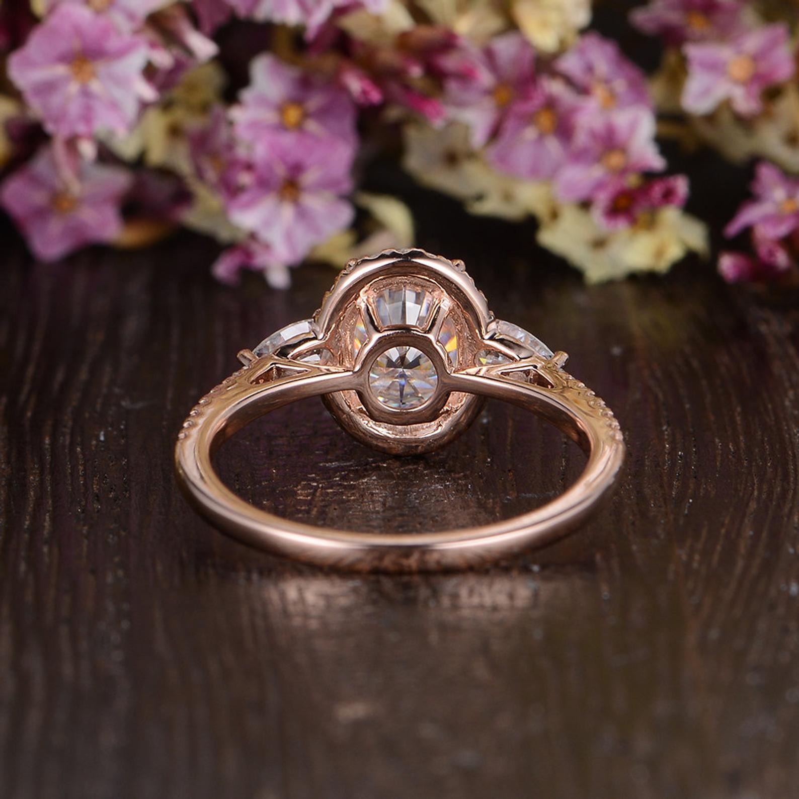 0.75 CT Oval Halo Three Stone Moissanite Engagement Ring - crownmoissanite