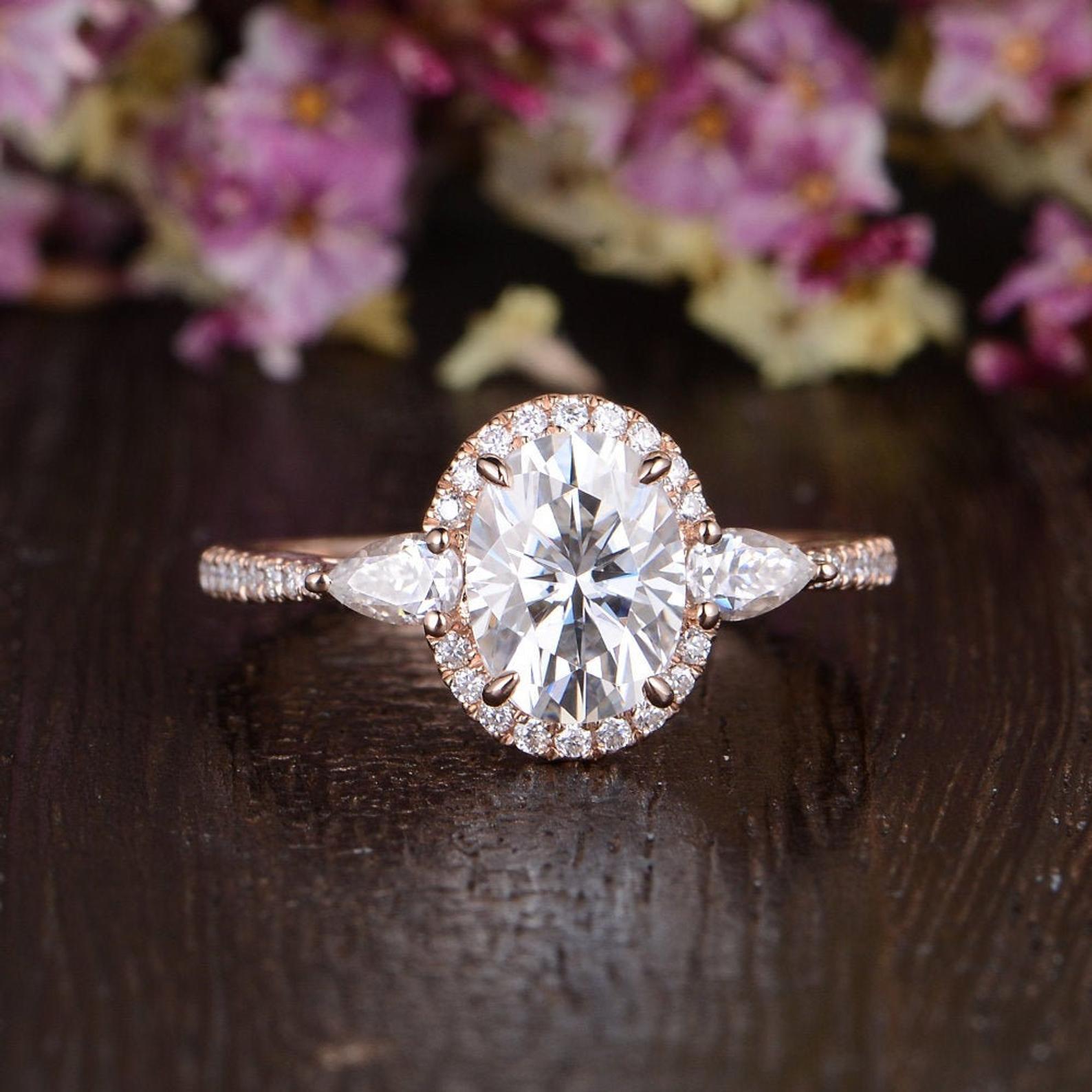 0.75 CT Oval Halo Three Stone Moissanite Engagement Ring - crownmoissanite
