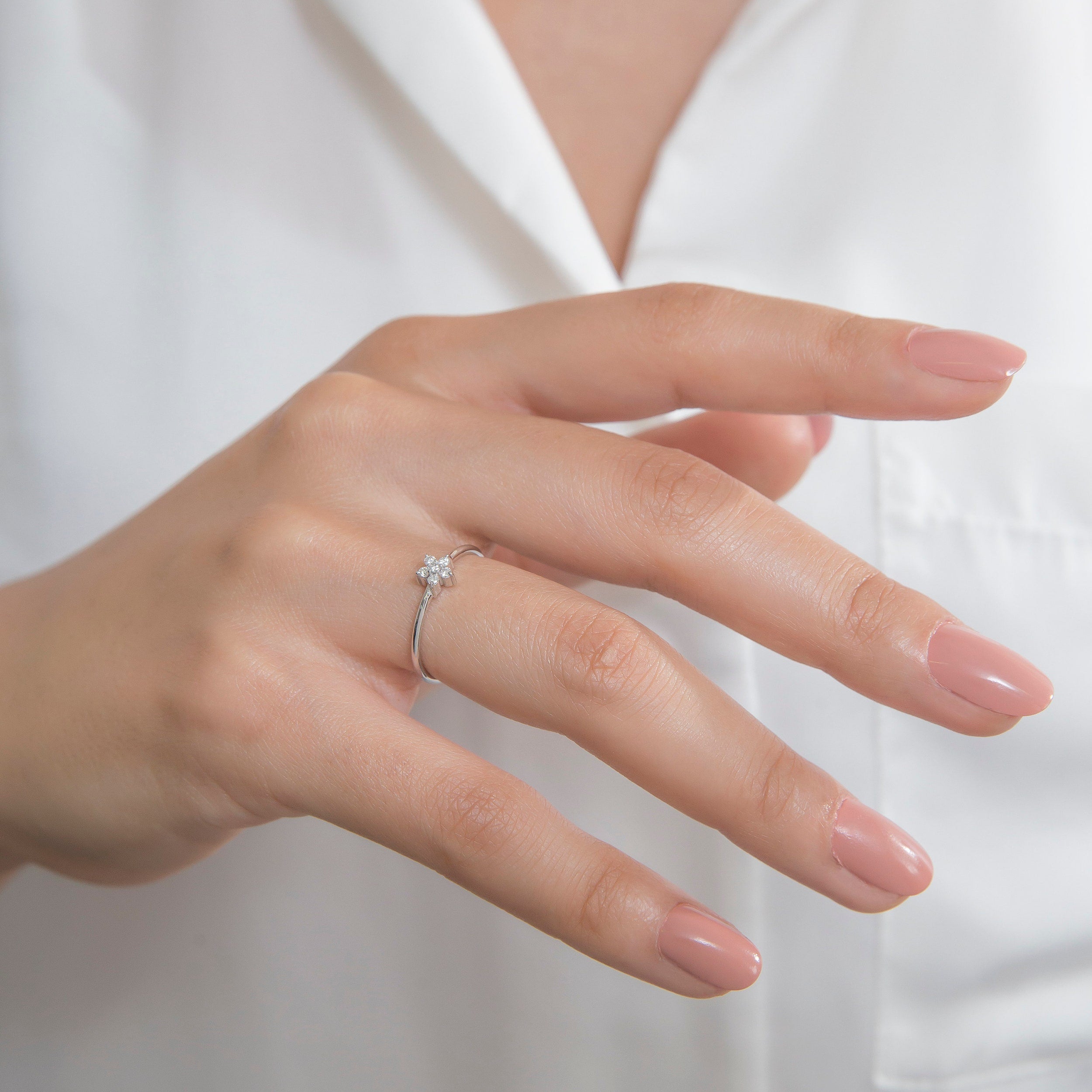 0.08 TCW Round Moissanite Flower Dainty Ring - crownmoissanite