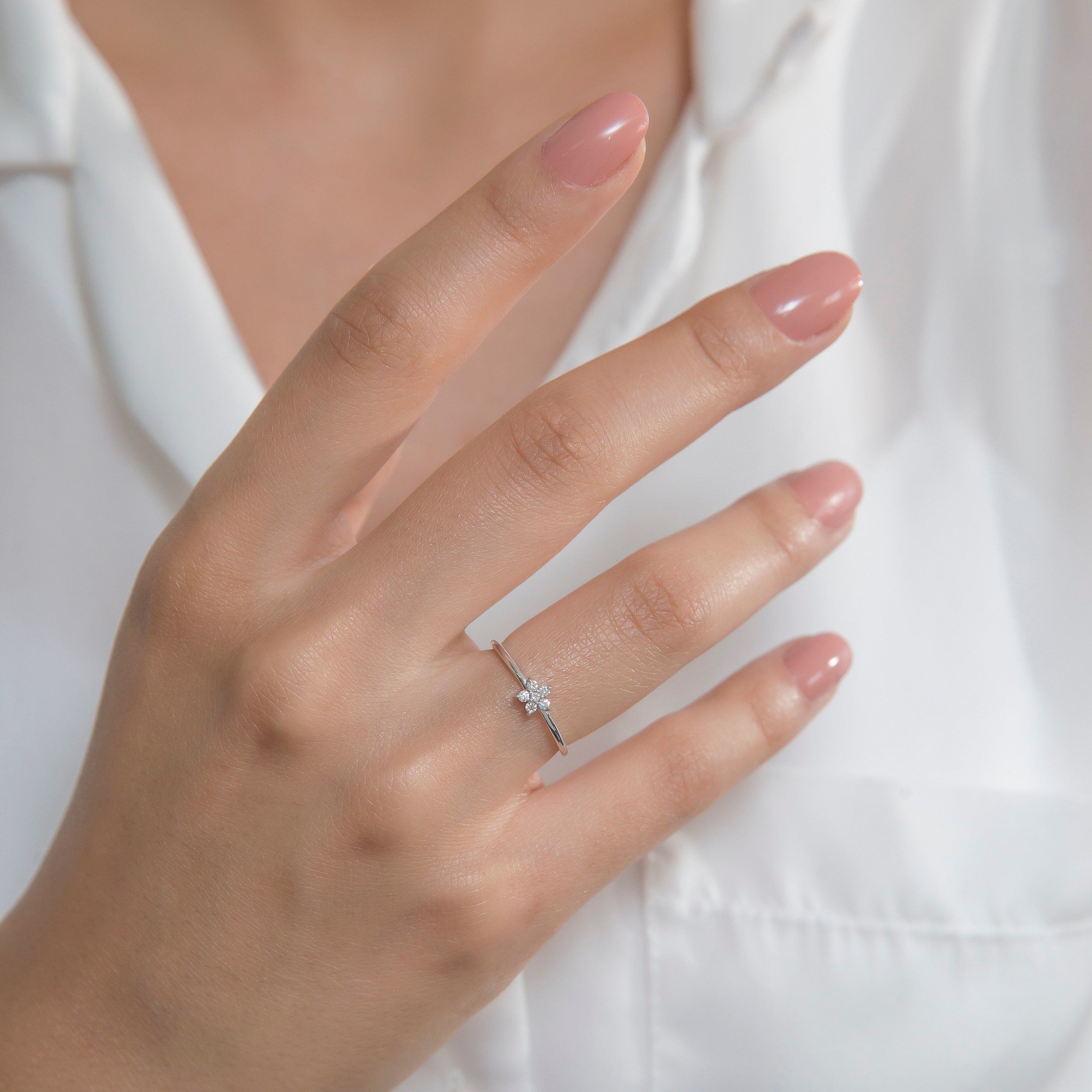 0.08 TCW Round Moissanite Flower Dainty Ring - crownmoissanite