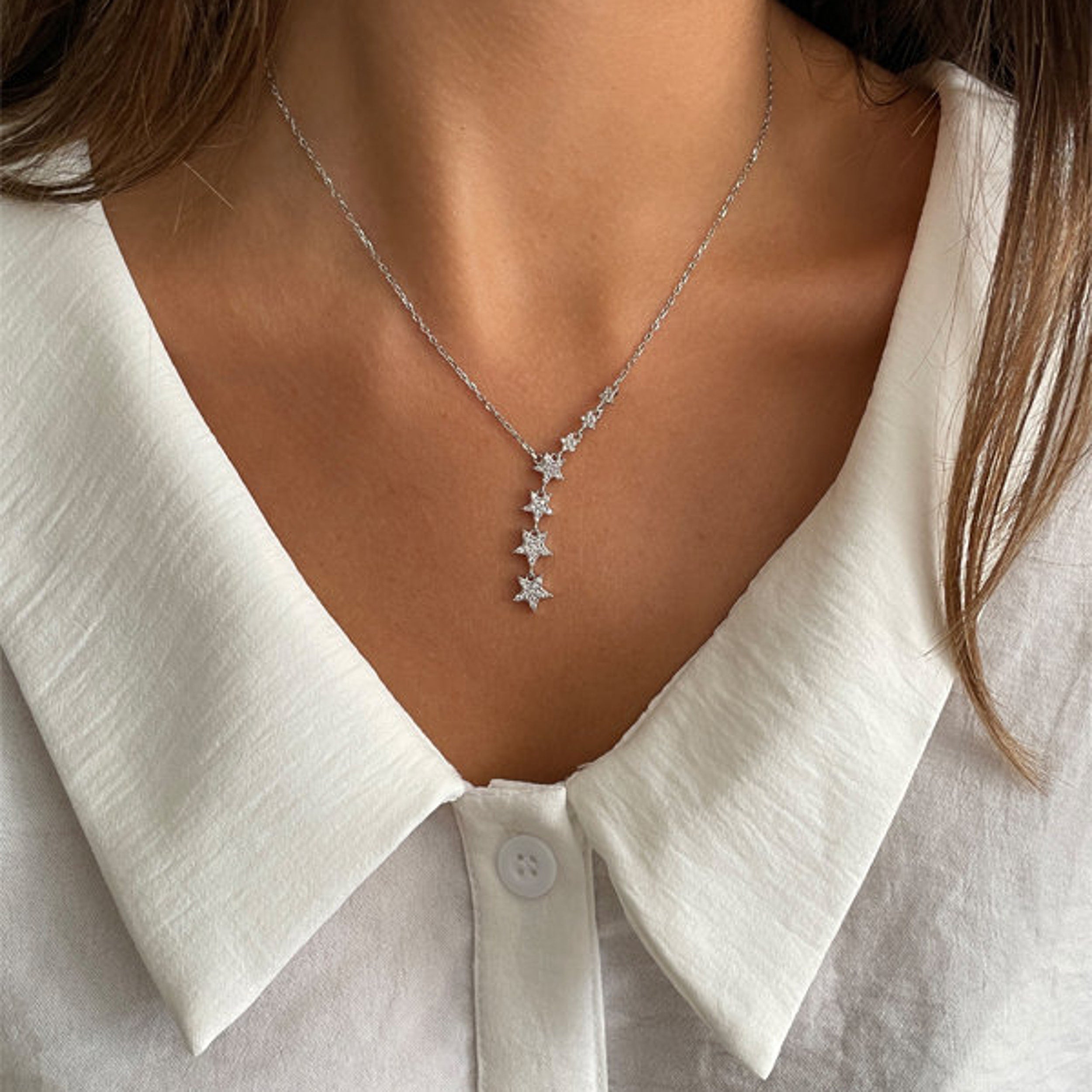 0.10 TCW Round Moissanite Star Lariat Necklace - crownmoissanite