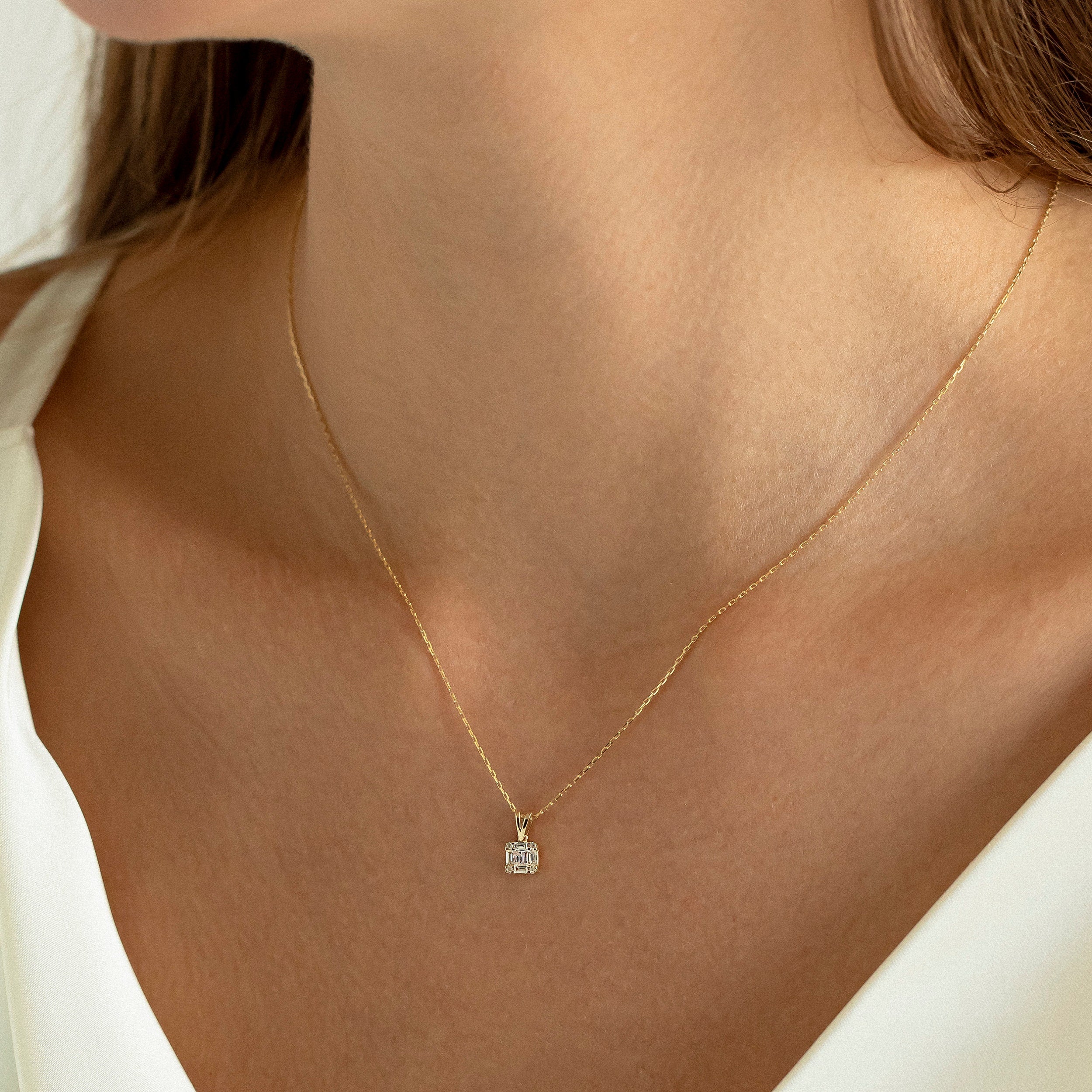 0.18 TCW Round & Baguette Moissanite Square Necklace - crownmoissanite