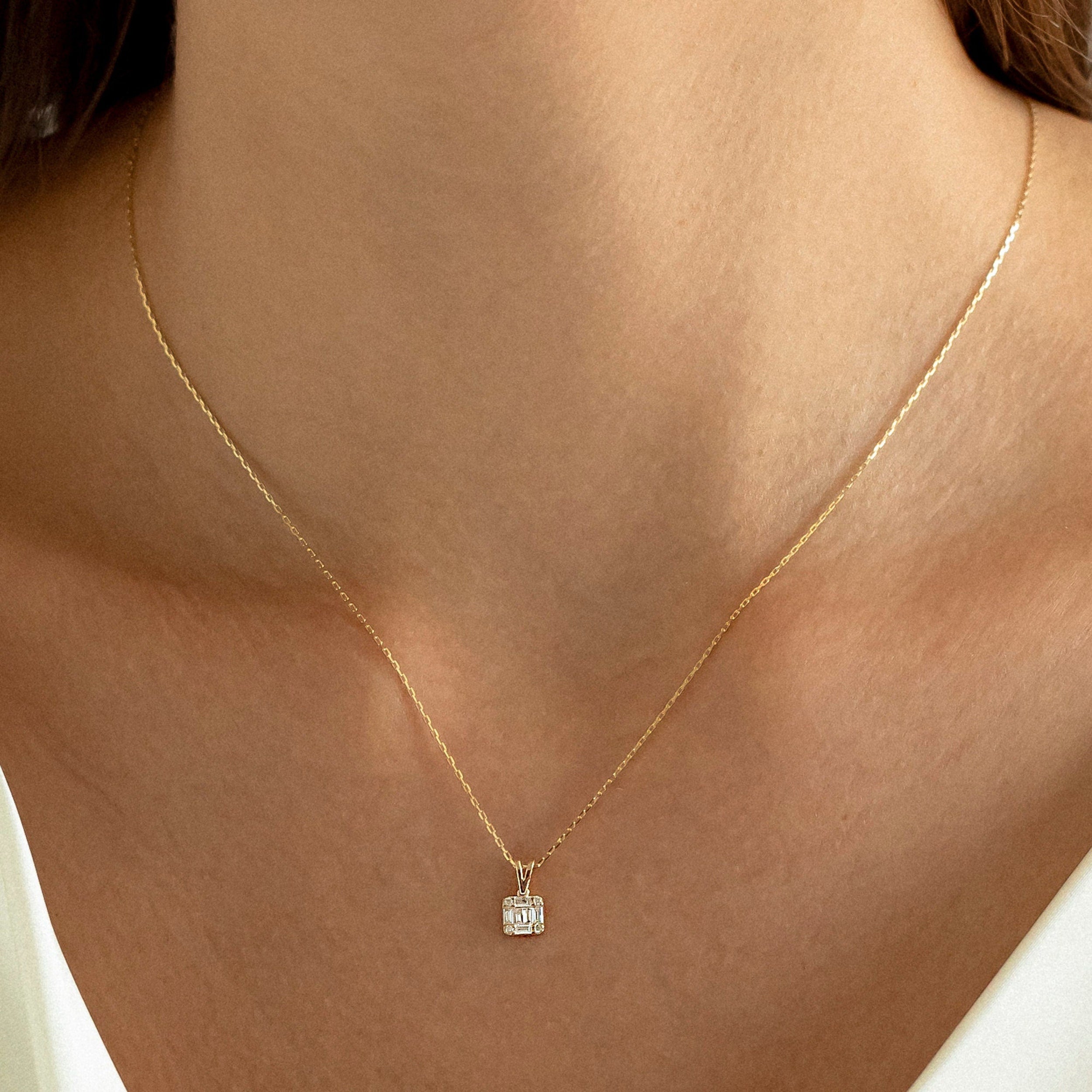 0.18 TCW Round & Baguette Moissanite Square Necklace - crownmoissanite