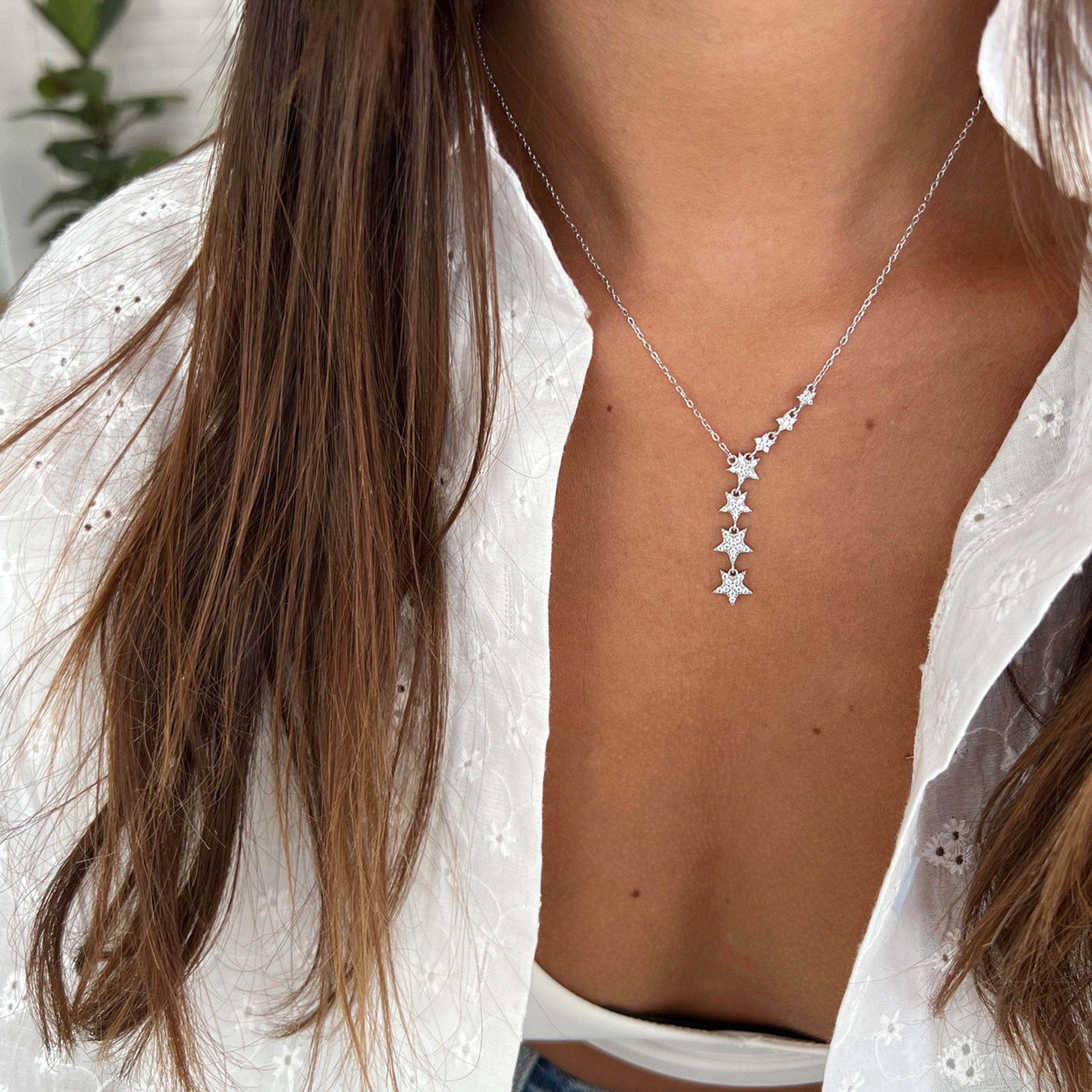 0.10 TCW Round Moissanite Star Lariat Necklace - crownmoissanite