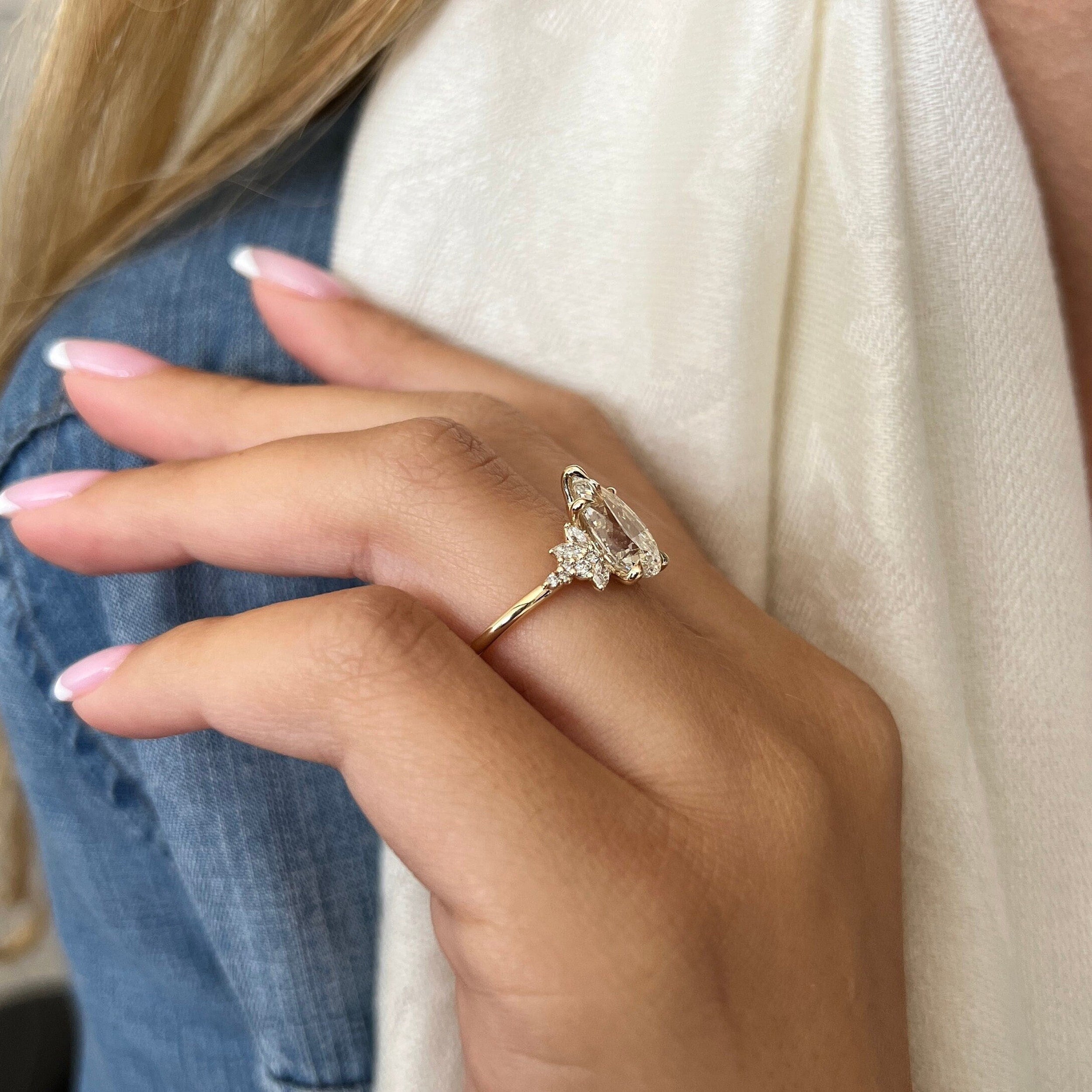 3.0 CT Pear Moissanite Cluster Style Engagement Ring