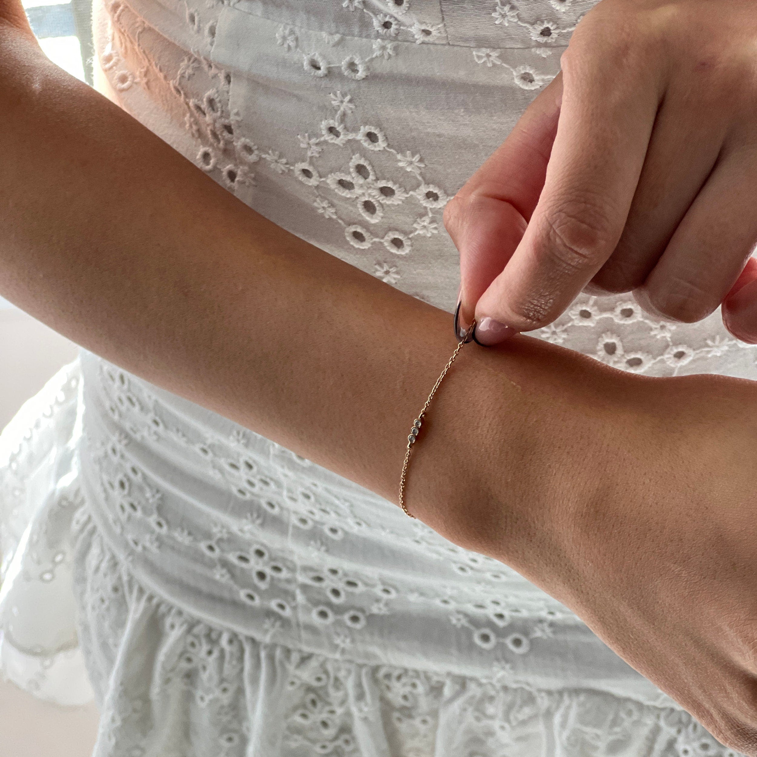 0.06 TCW Round Moissanite Three Diamond Bracelet - crownmoissanite