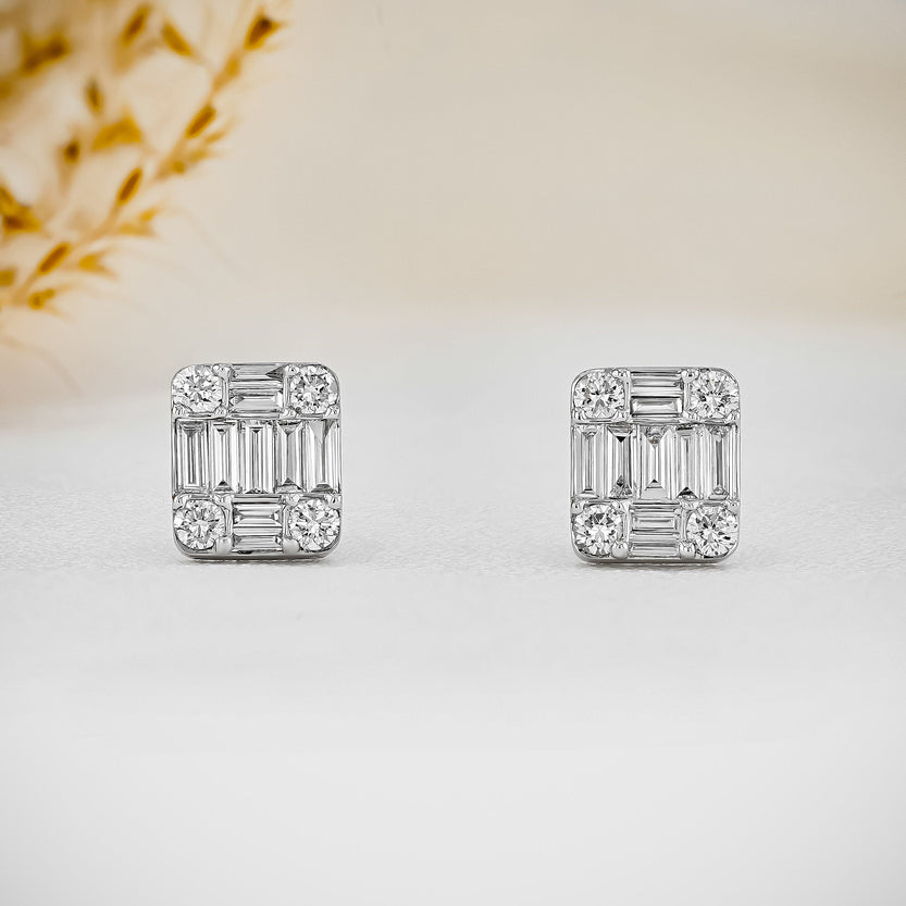 0.99 TCW Baguette & Round Moissanite Diamond Stud Earrings - crownmoissanite