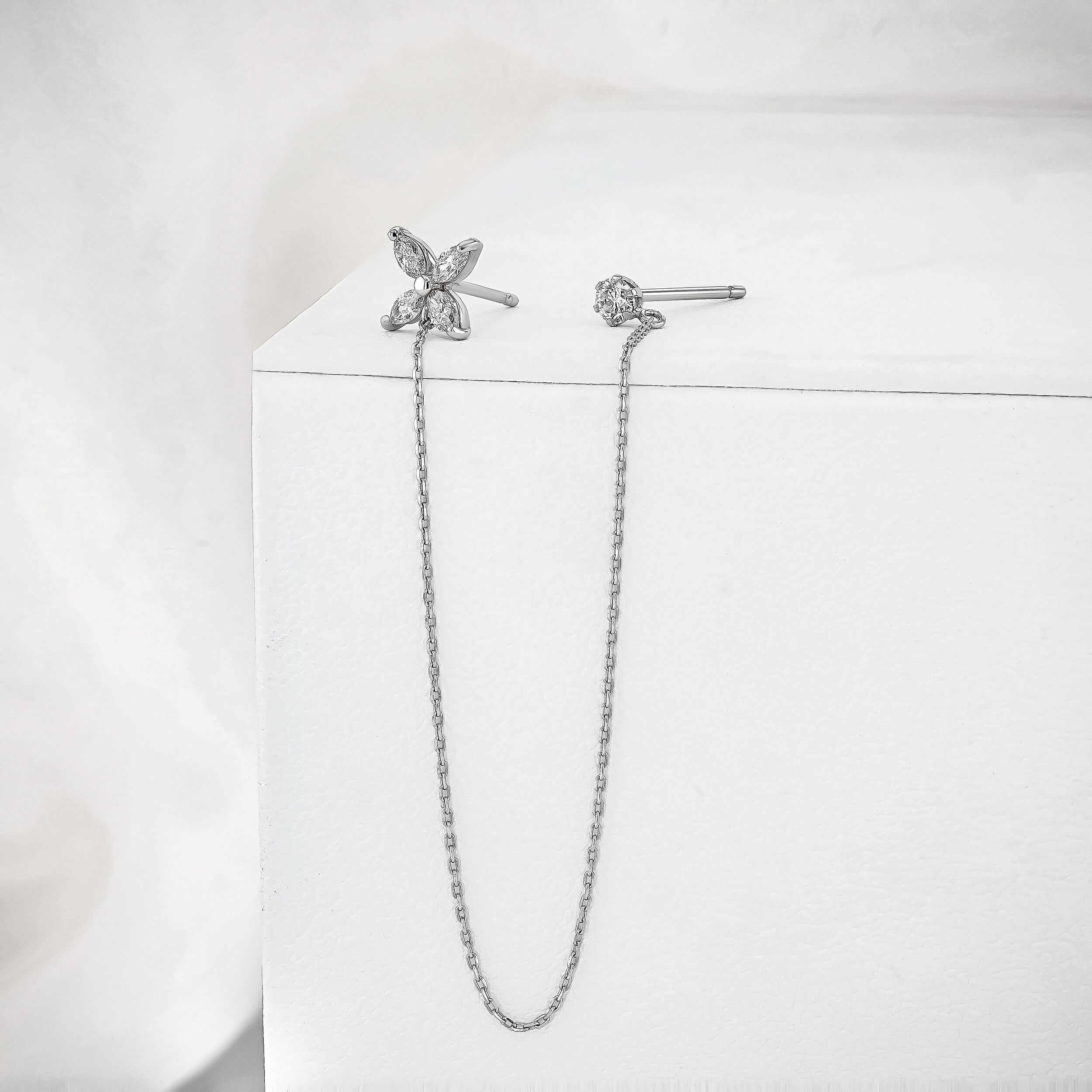 0.28 TCW Round & Marquise Moissanite Diamond Dual Piercing Chain Earrings - crownmoissanite