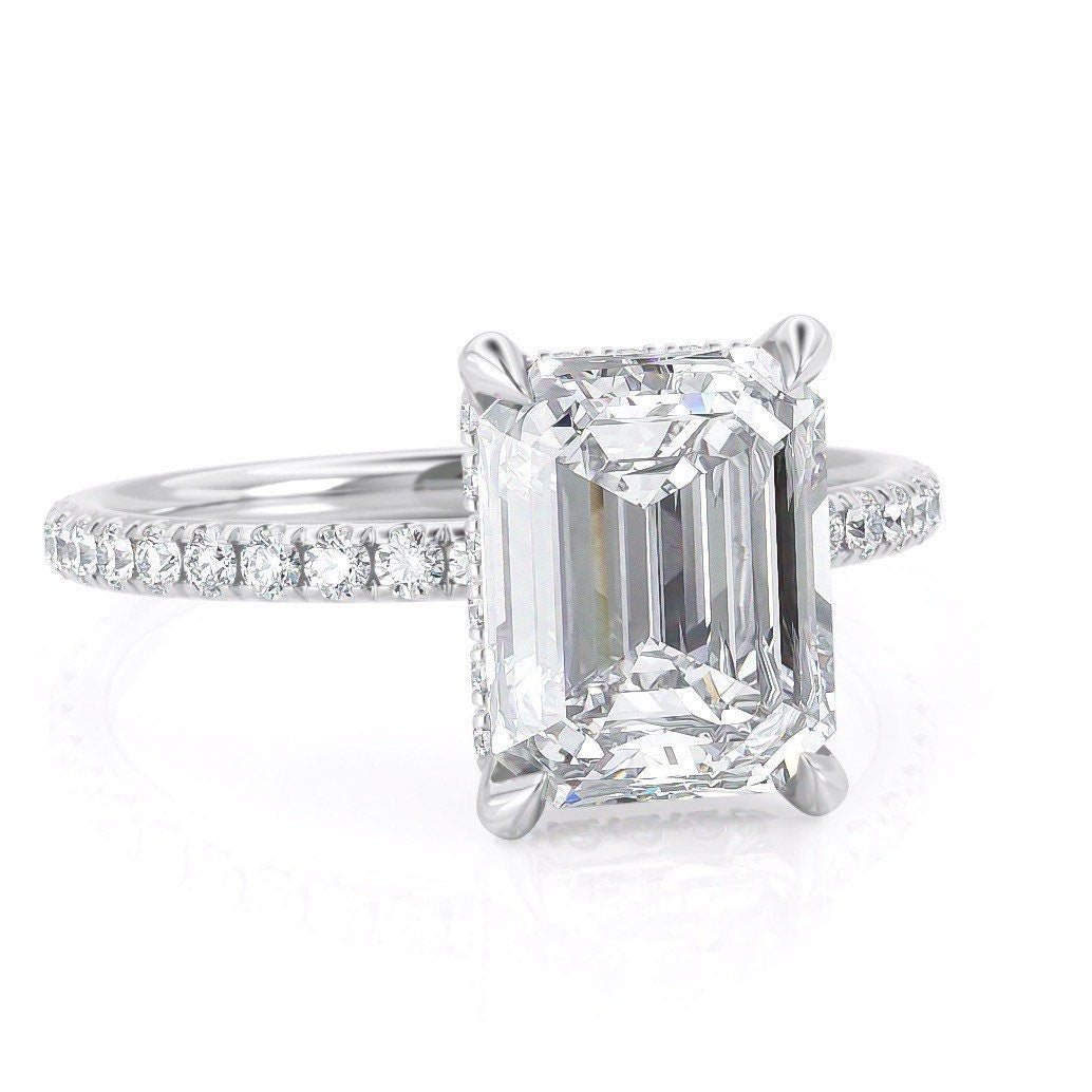 2.5 CT Emerald Hidden Halo & Pave Moissanite Engagement Ring - crownmoissanite
