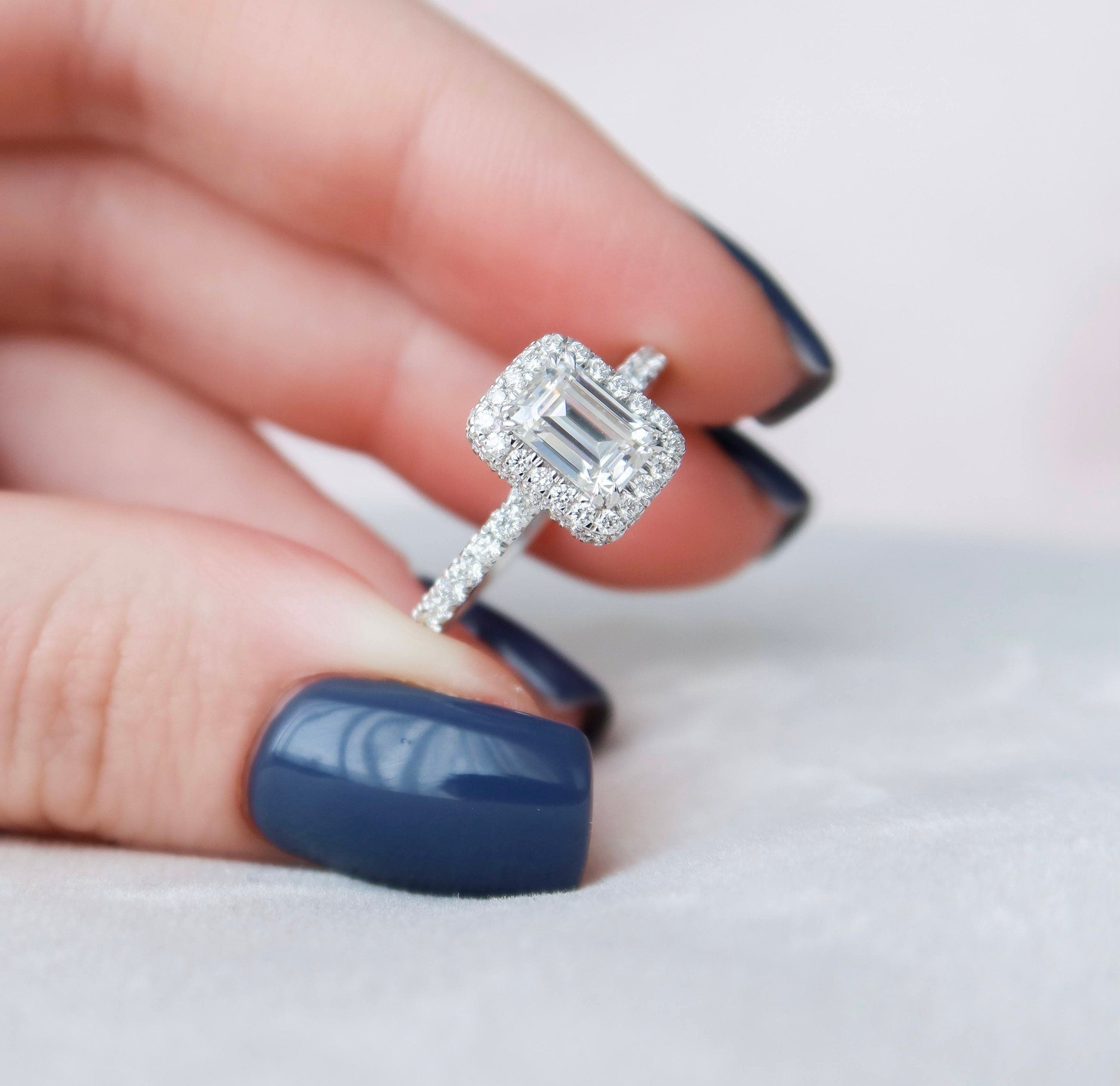 1.0 CT Emerald Halo Style Moissanite Engagement Ring - crownmoissanite