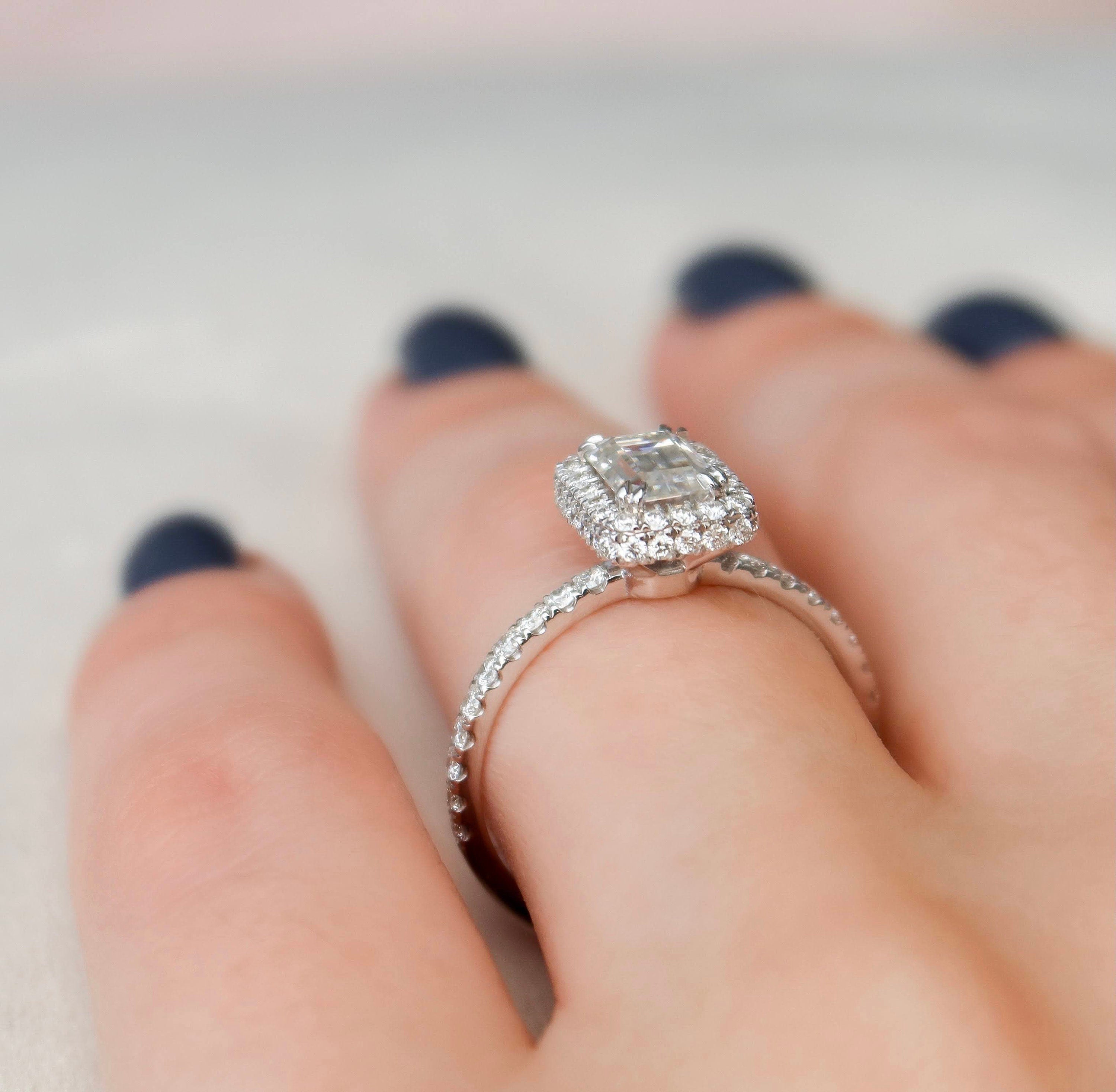 1.0 CT Emerald Halo Style Moissanite Engagement Ring - crownmoissanite
