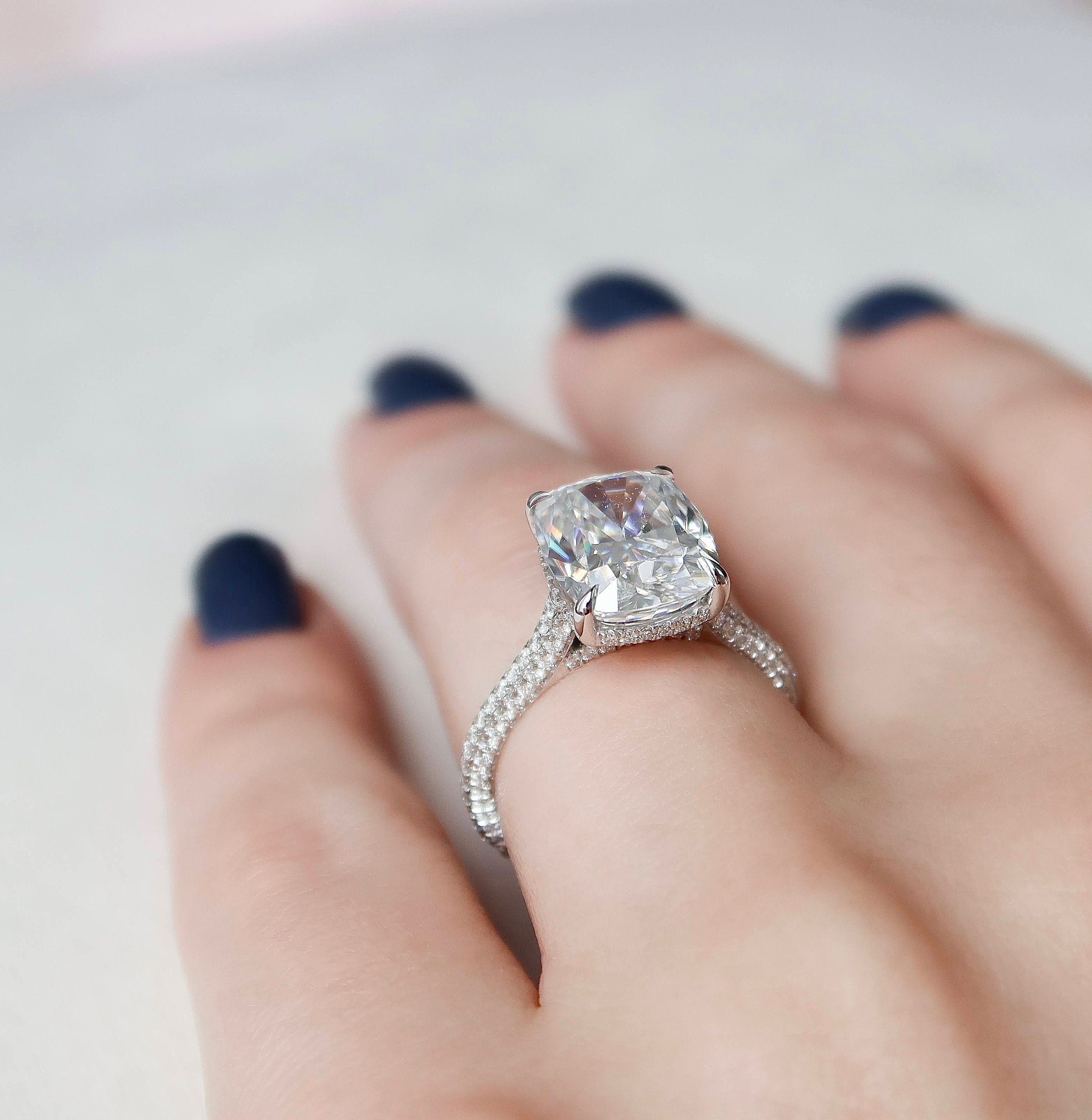 6.0 CT Cushion Solitaire & Pave Setting Moissanite Engagement Ring - crownmoissanite