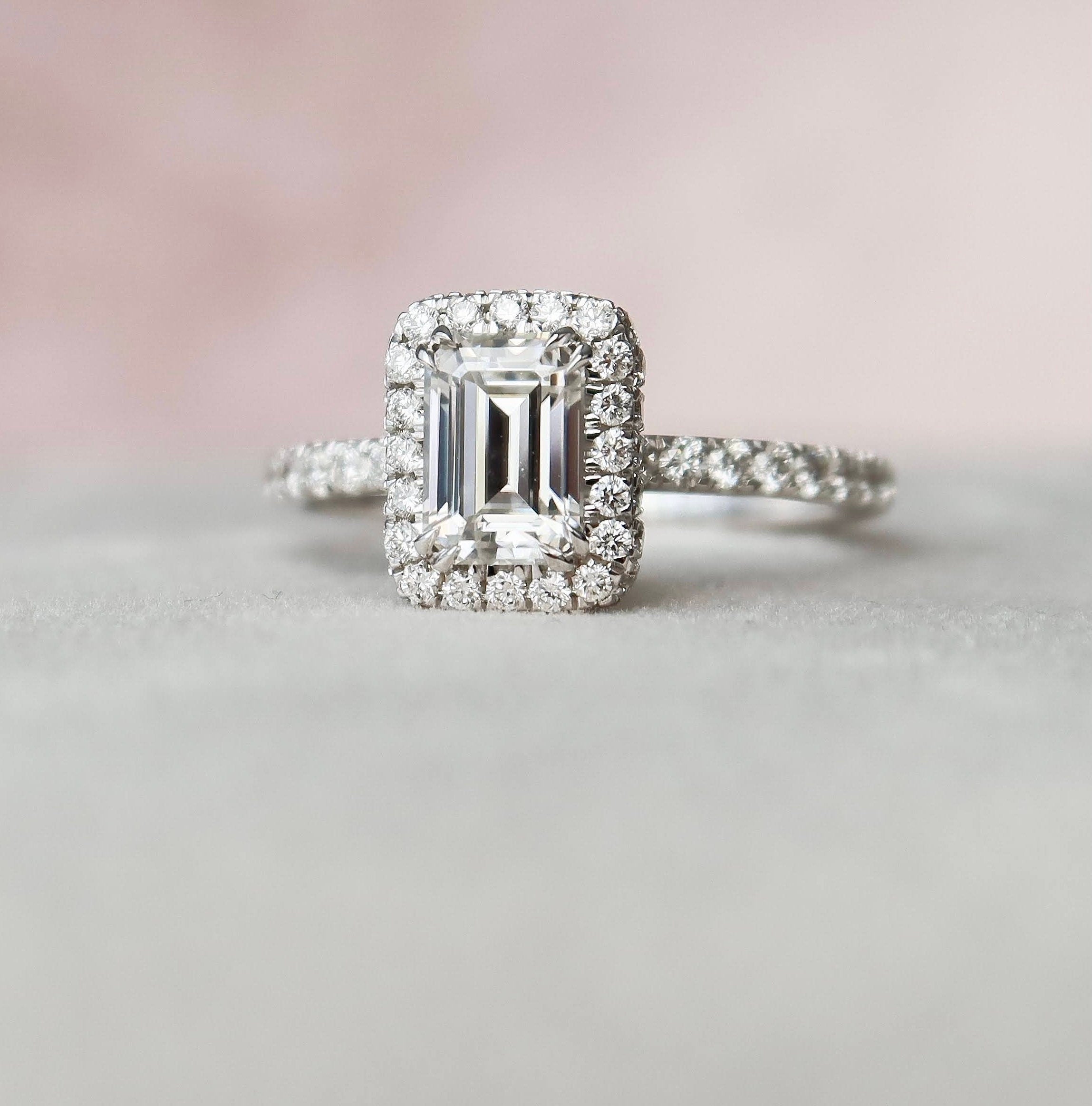 1.0 CT Emerald Halo Style Moissanite Engagement Ring - crownmoissanite