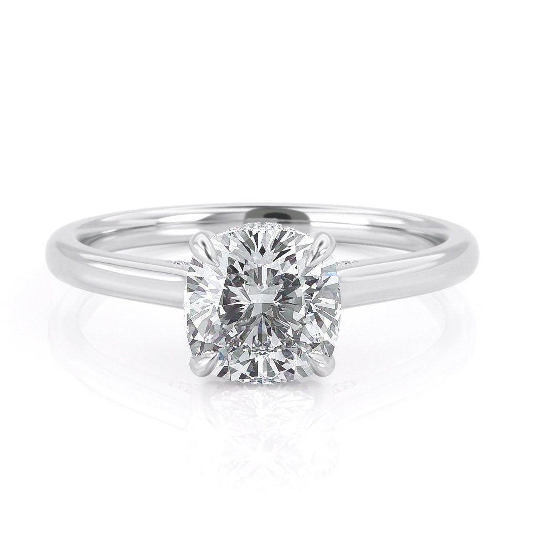 2.0 CT Cushion Hidden Halo & Solitaire Moissanite Engagement Ring - crownmoissanite