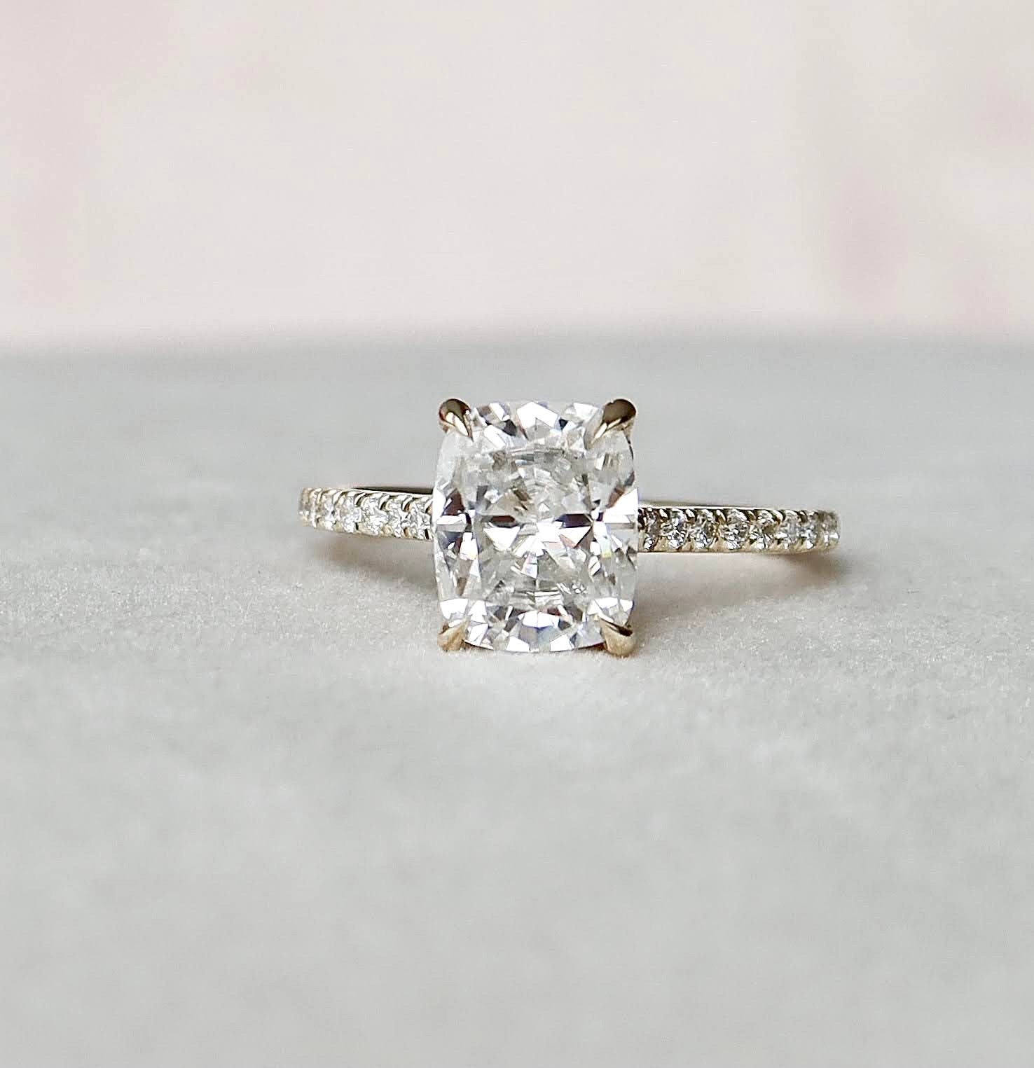 2.5 CT Cushion Hidden Halo & Pave Setting Moissanite Engagement Ring - crownmoissanite