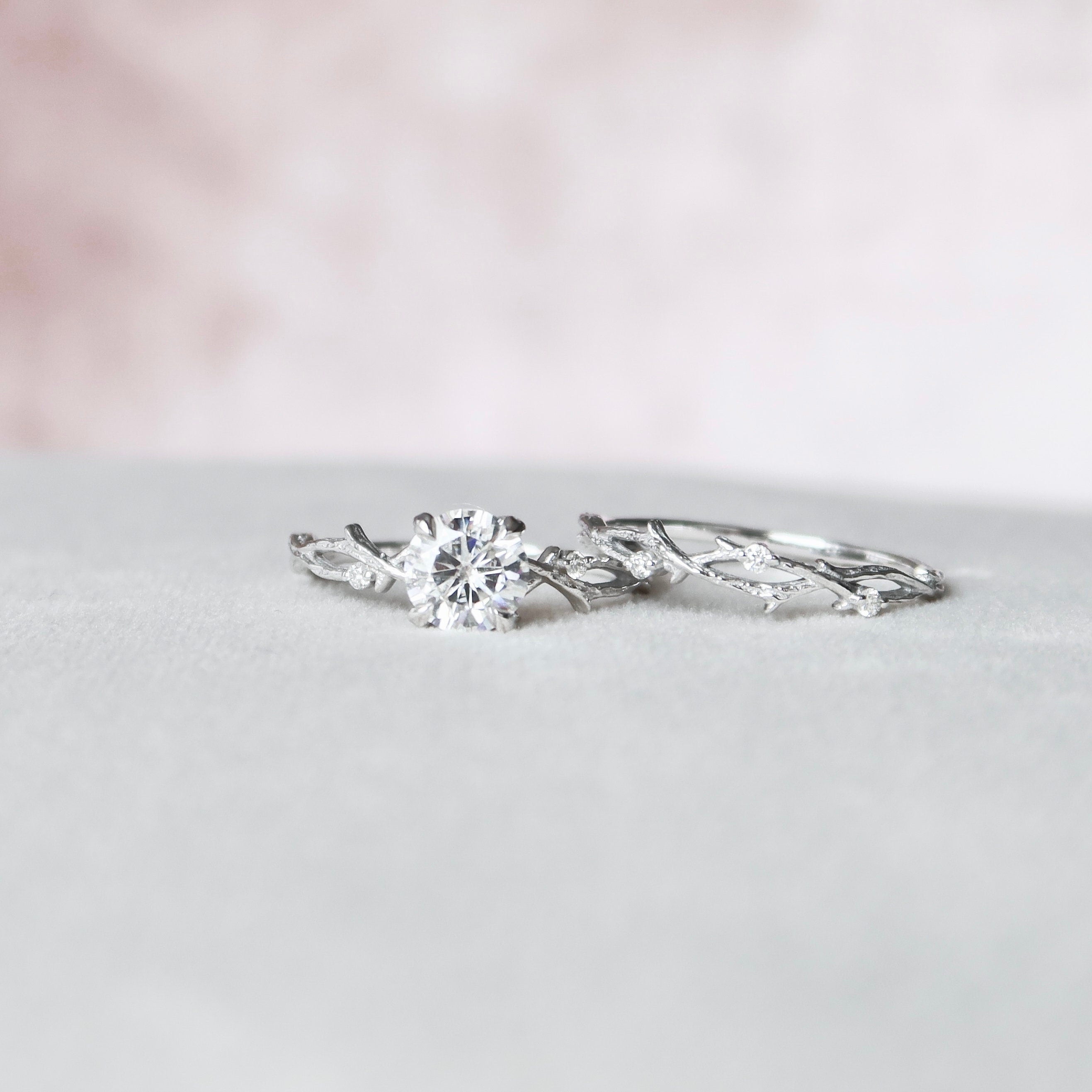 1.0 CT Round Twig Style Pave Moissanite Engagement Ring - crownmoissanite