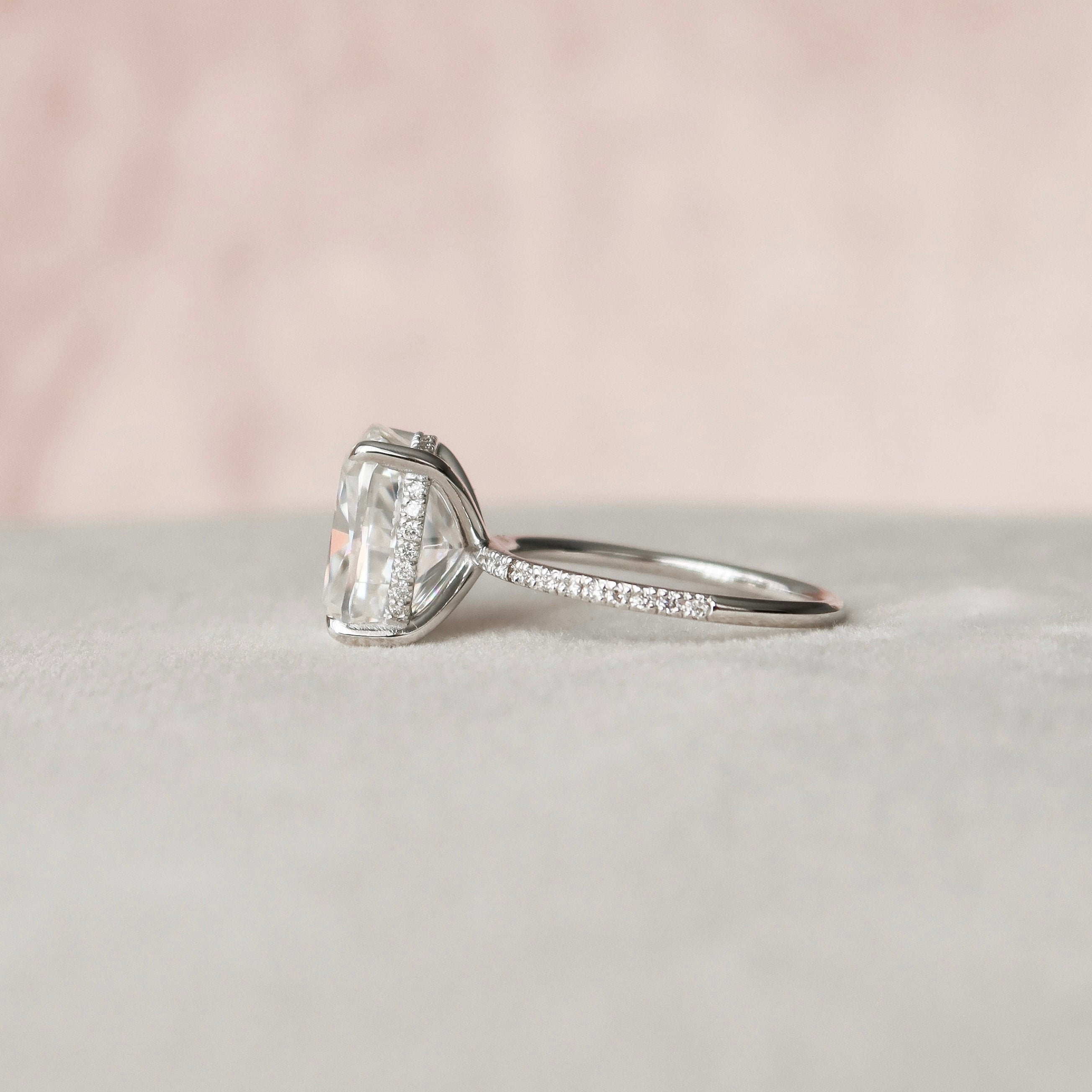 6.0 CT Elongated Cushion Cut Pave Moissanite Engagement Ring - crownmoissanite