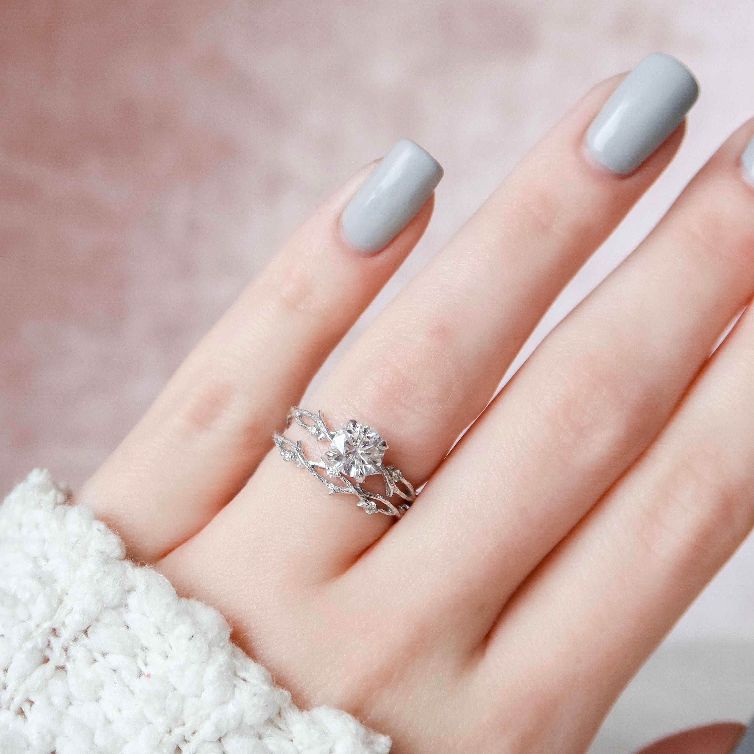 1.0 CT Round Twig Style Pave Moissanite Engagement Ring - crownmoissanite