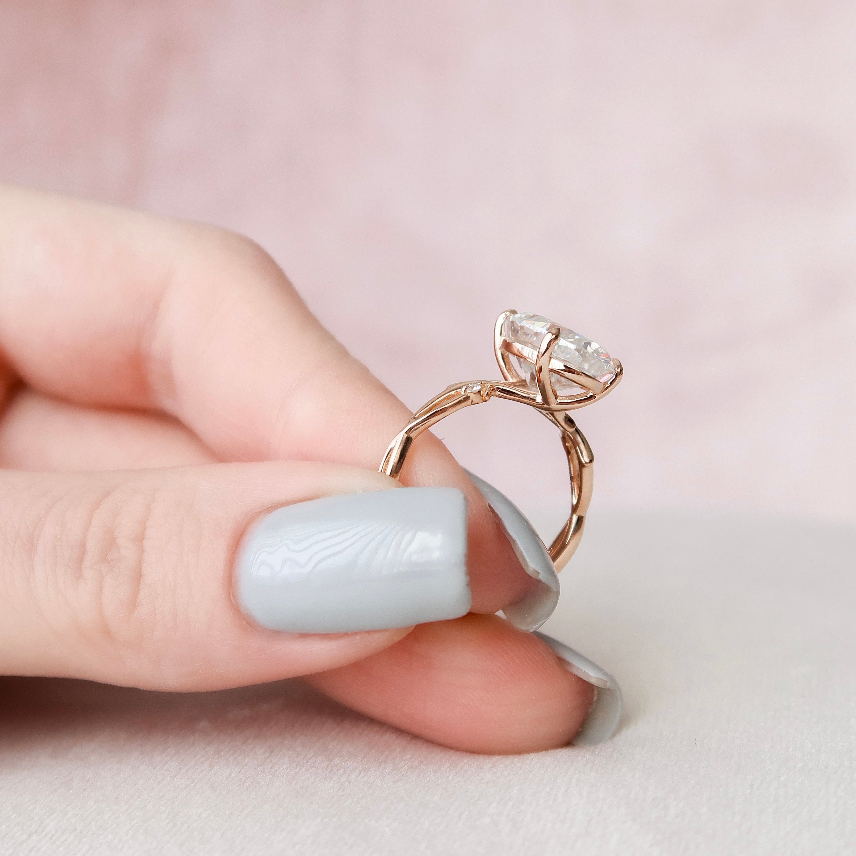 5.0 CT Oval Solitaire & Twig Pave Style Moissanite Engagement Ring - crownmoissanite